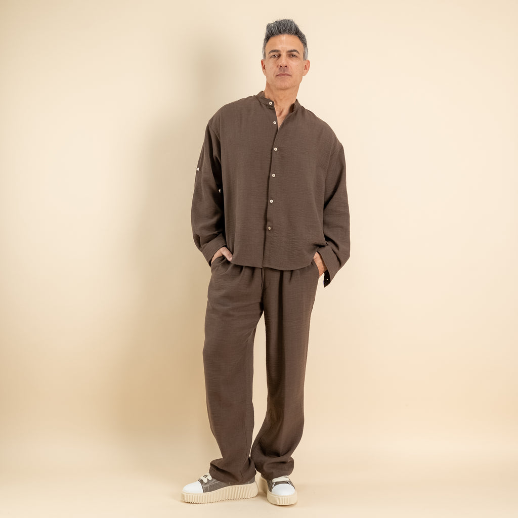 Coordinato effetto lino camicia coreana - Tabacco