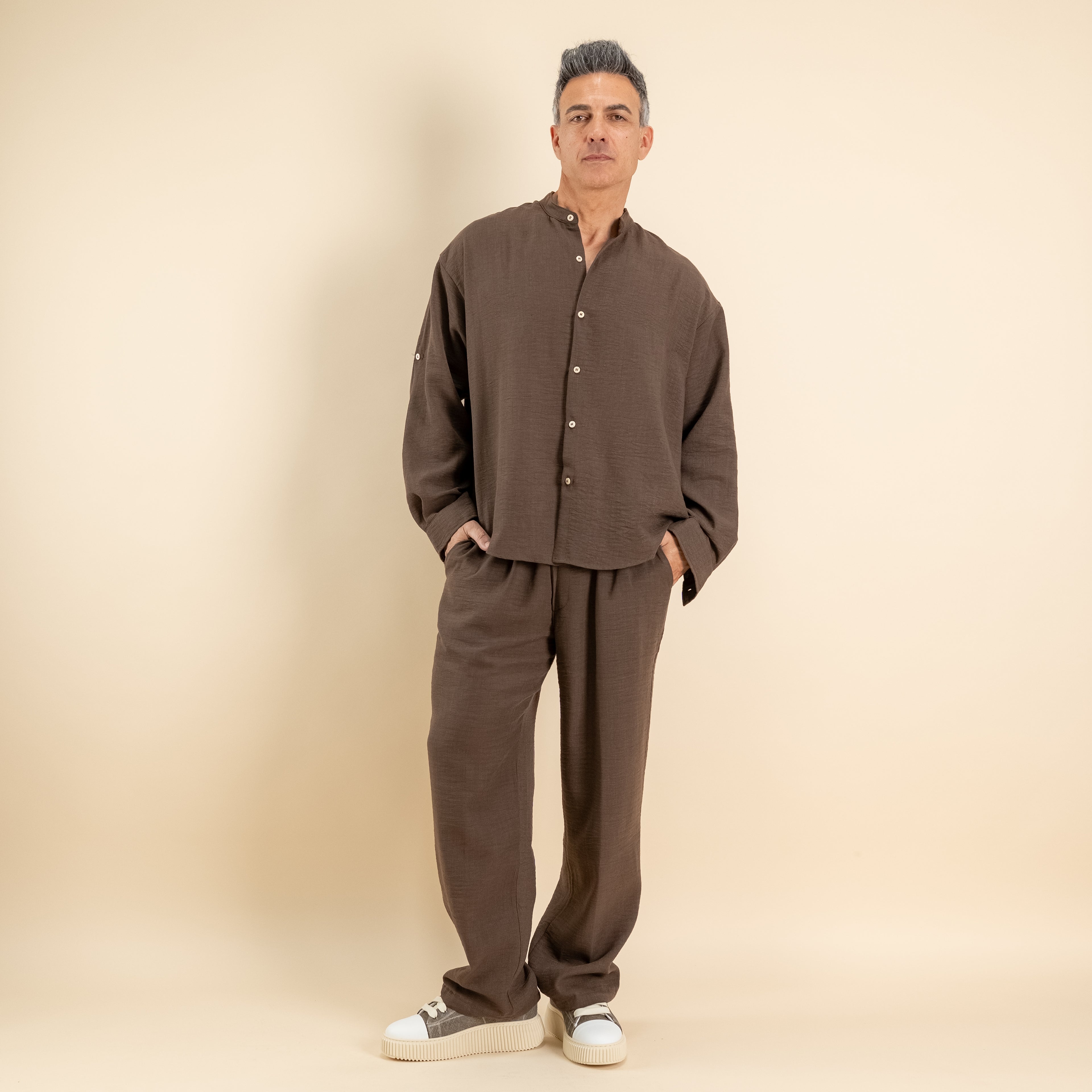 Coordinato effetto lino camicia coreana - Tabacco