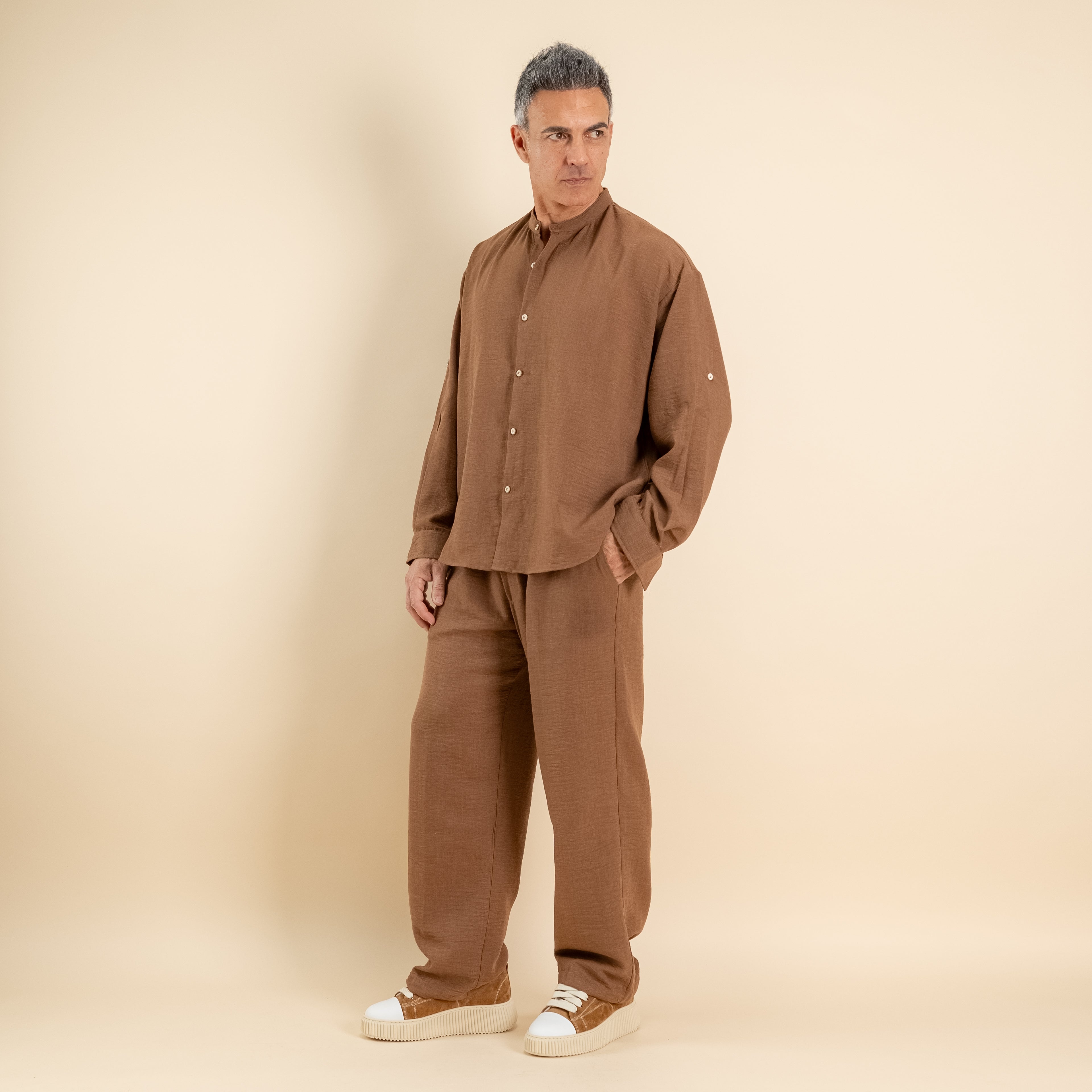 Coordinato effetto lino camicia coreana - Moro