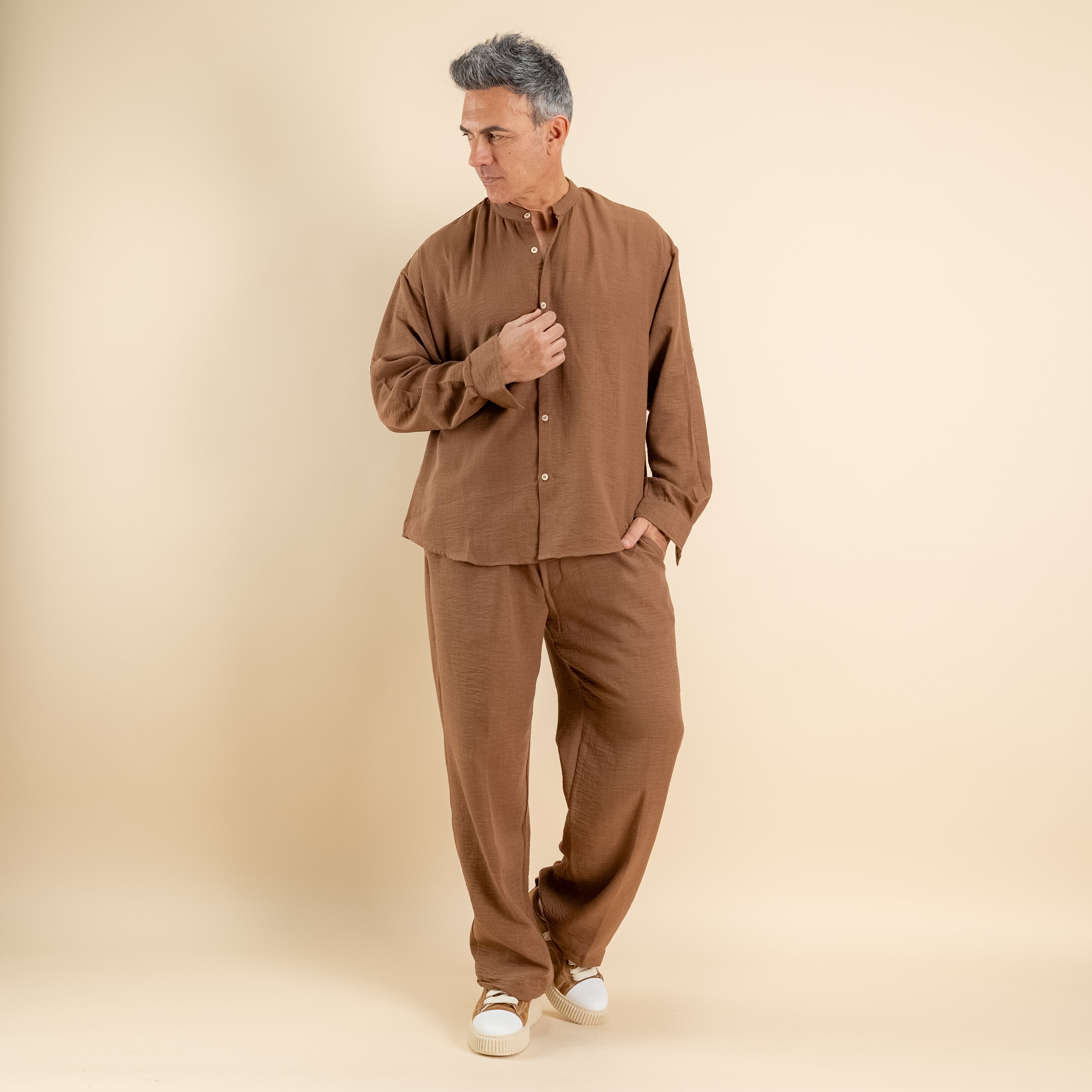 Coordinato effetto lino camicia coreana - Moro