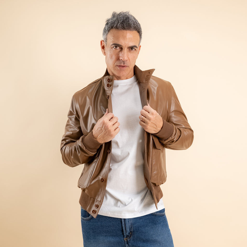 Bomber con bottoni in Vera Pelle - Marrone