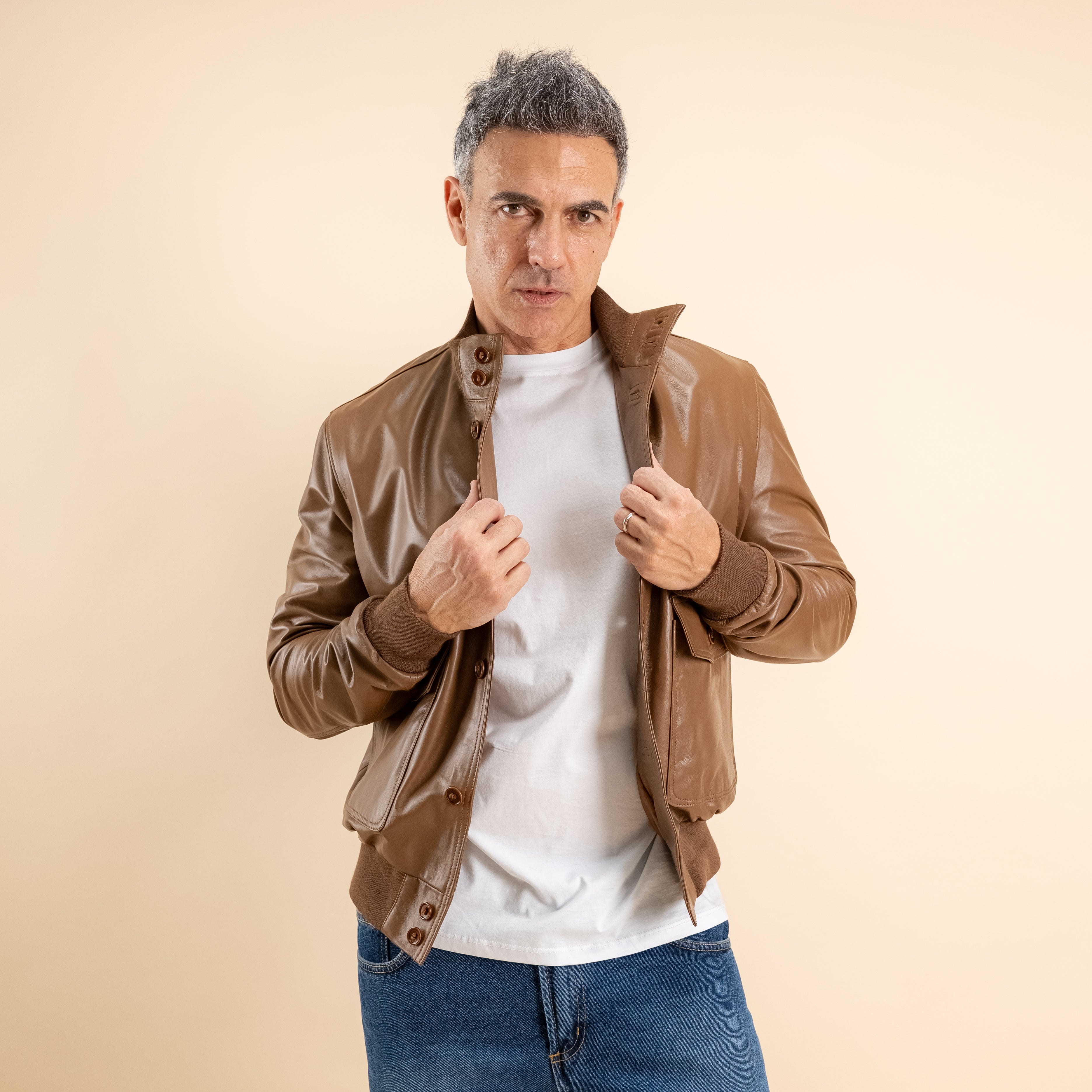 Bomber con bottoni in Vera Pelle - Marrone