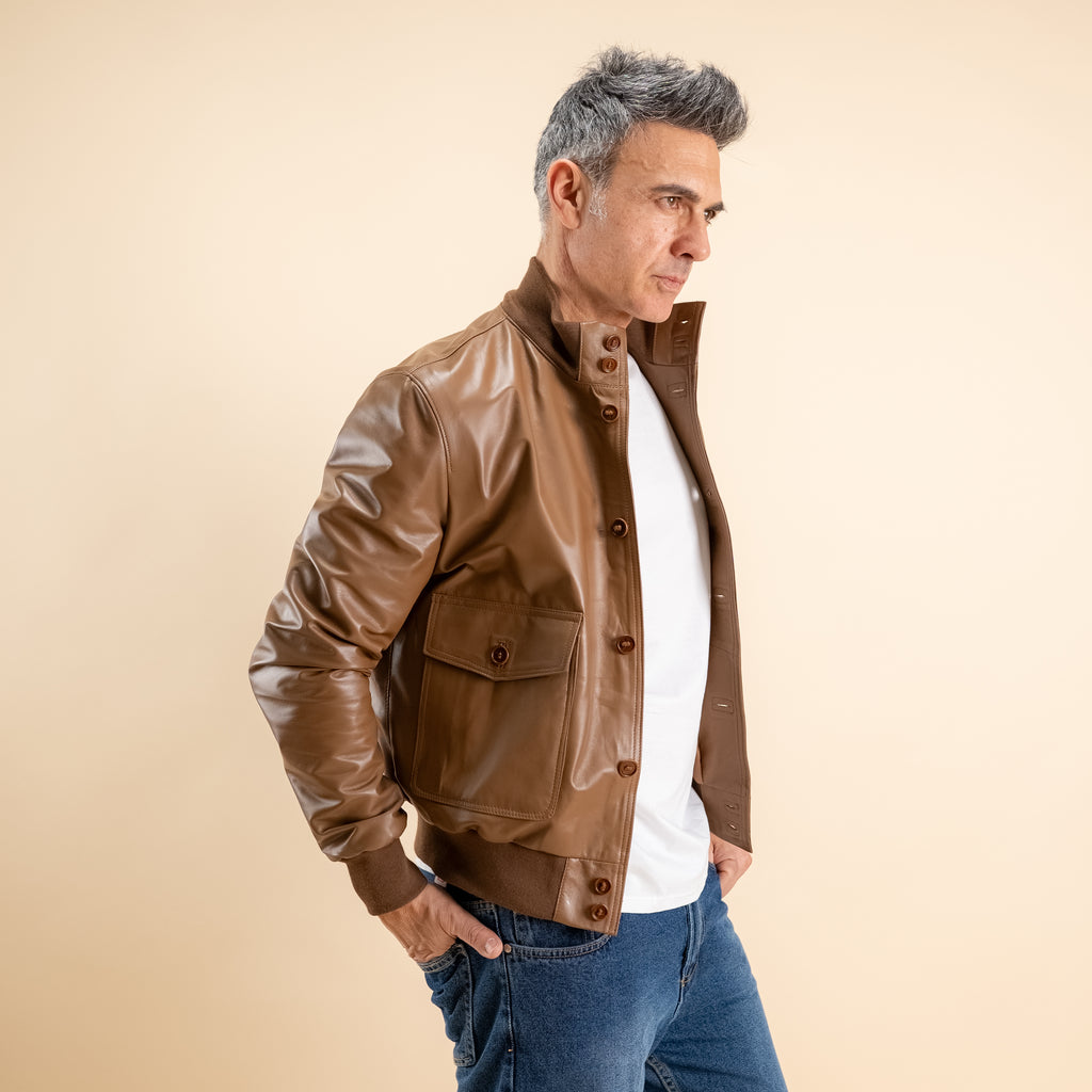 Bomber con bottoni in Vera Pelle - Marrone