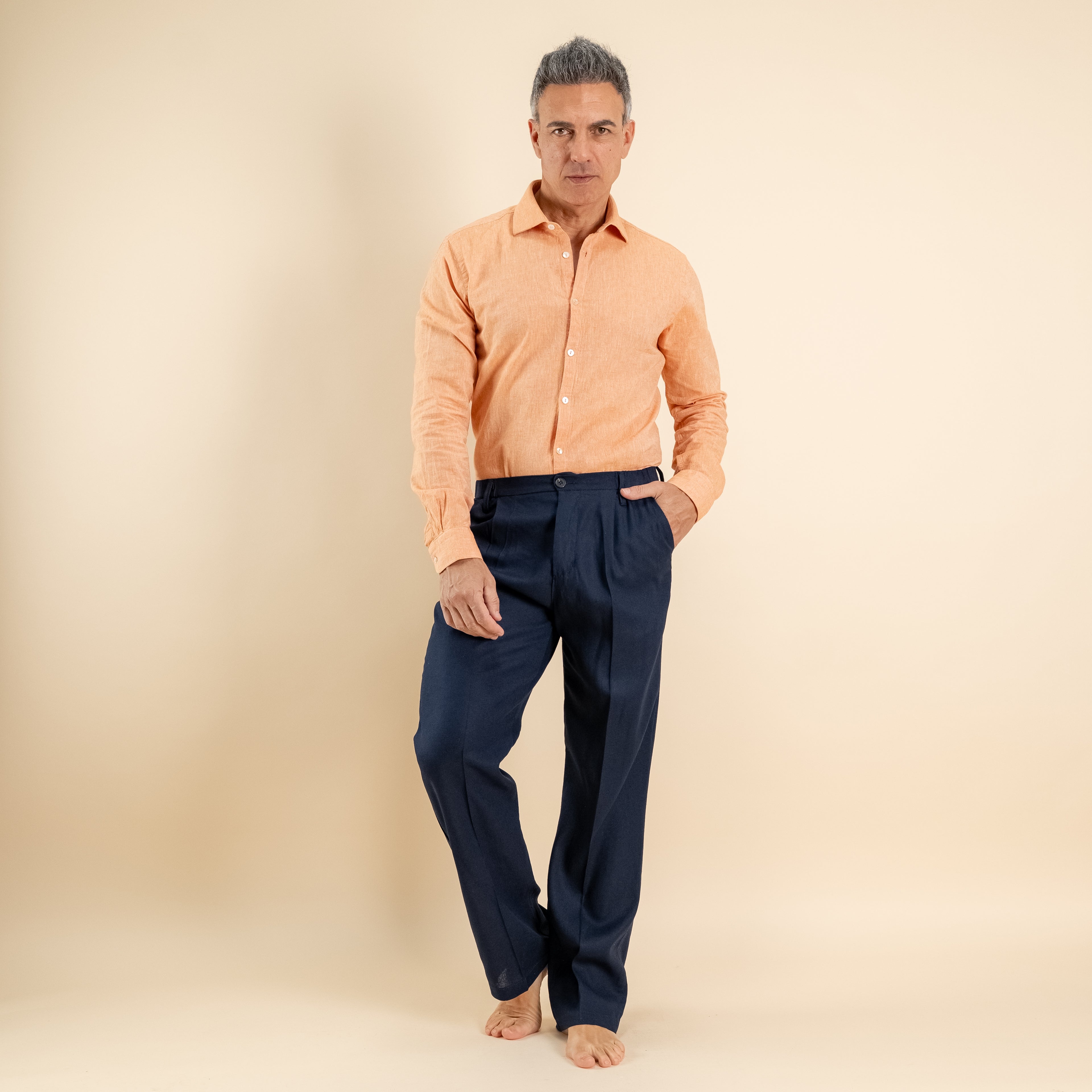 Pantalone palazzo in misto lino - Blu