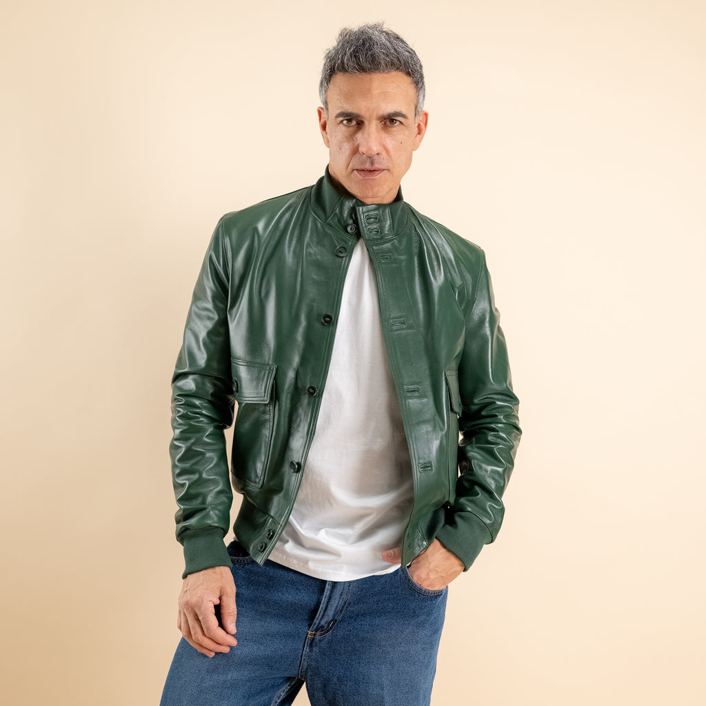 Bomber con bottoni in Vera Pelle - Verde