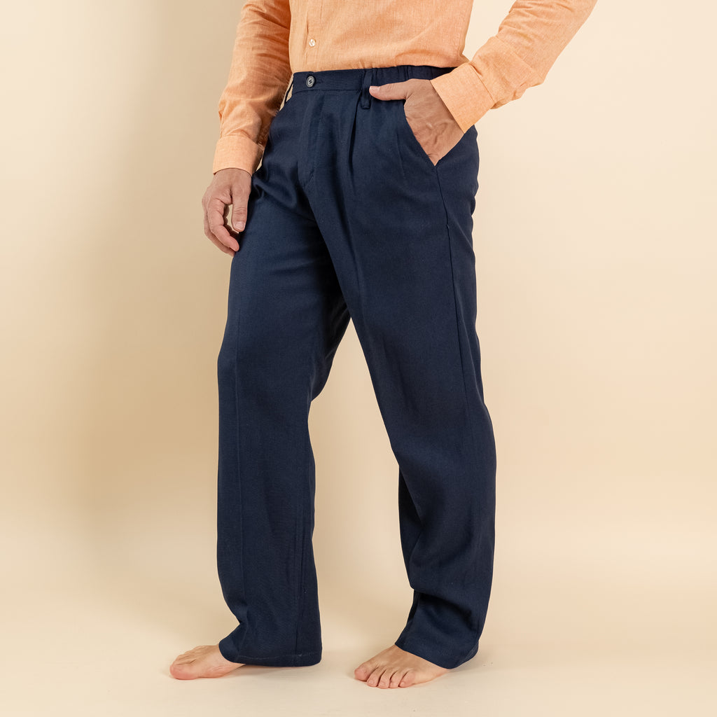 Pantalone palazzo in misto lino - Blu