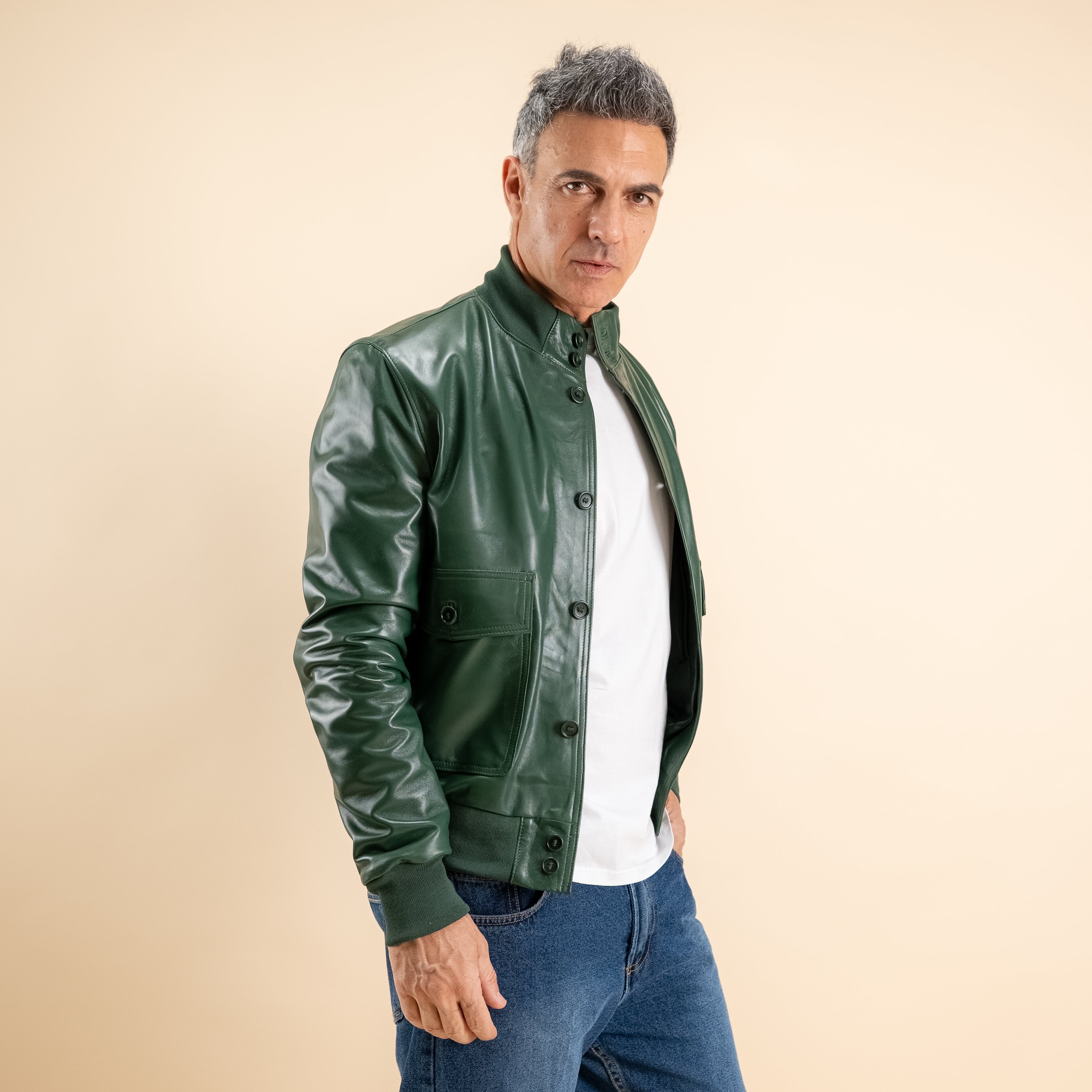 Bomber con bottoni in Vera Pelle - Verde