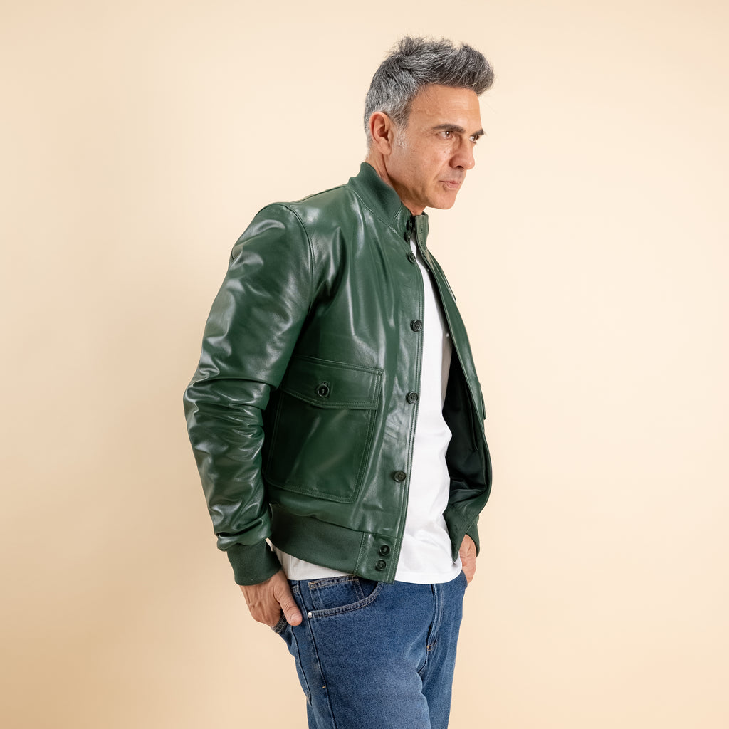 Bomber con bottoni in Vera Pelle - Verde