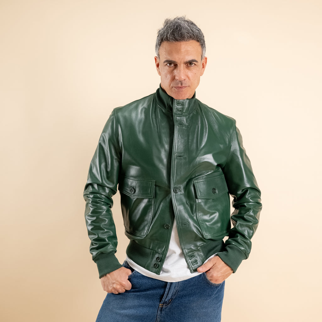Bomber con bottoni in Vera Pelle - Verde
