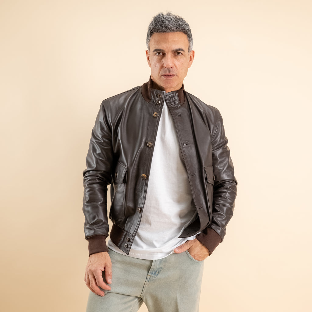 Bomber con bottoni in Vera Pelle - Testa di Moro