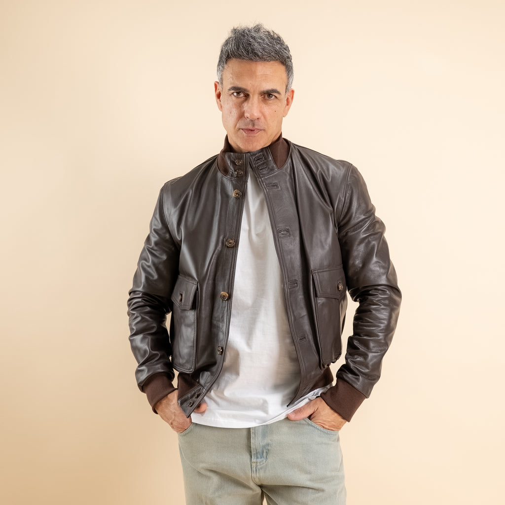 Bomber con bottoni in Vera Pelle - Testa di Moro