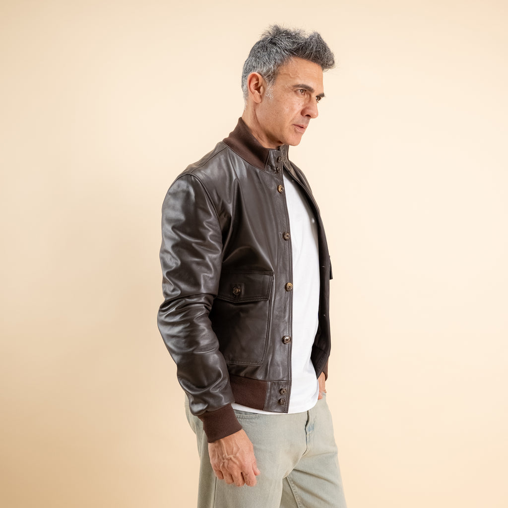Bomber con bottoni in Vera Pelle - Testa di Moro