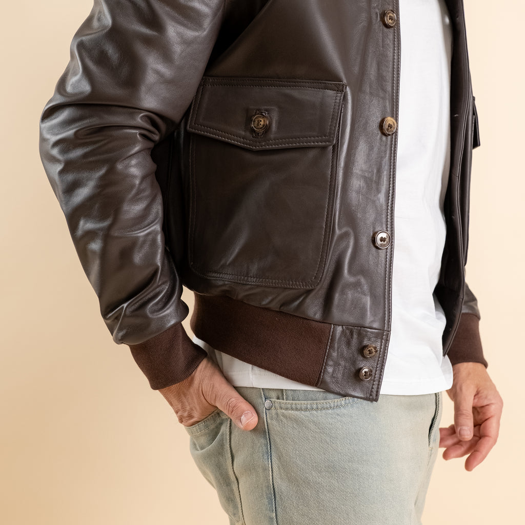 Bomber con bottoni in Vera Pelle - Testa di Moro