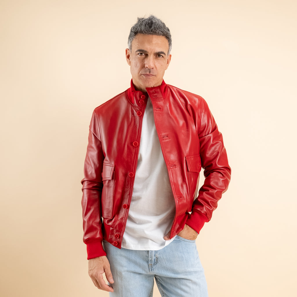 Bomber con bottoni in Vera Pelle - Rosso