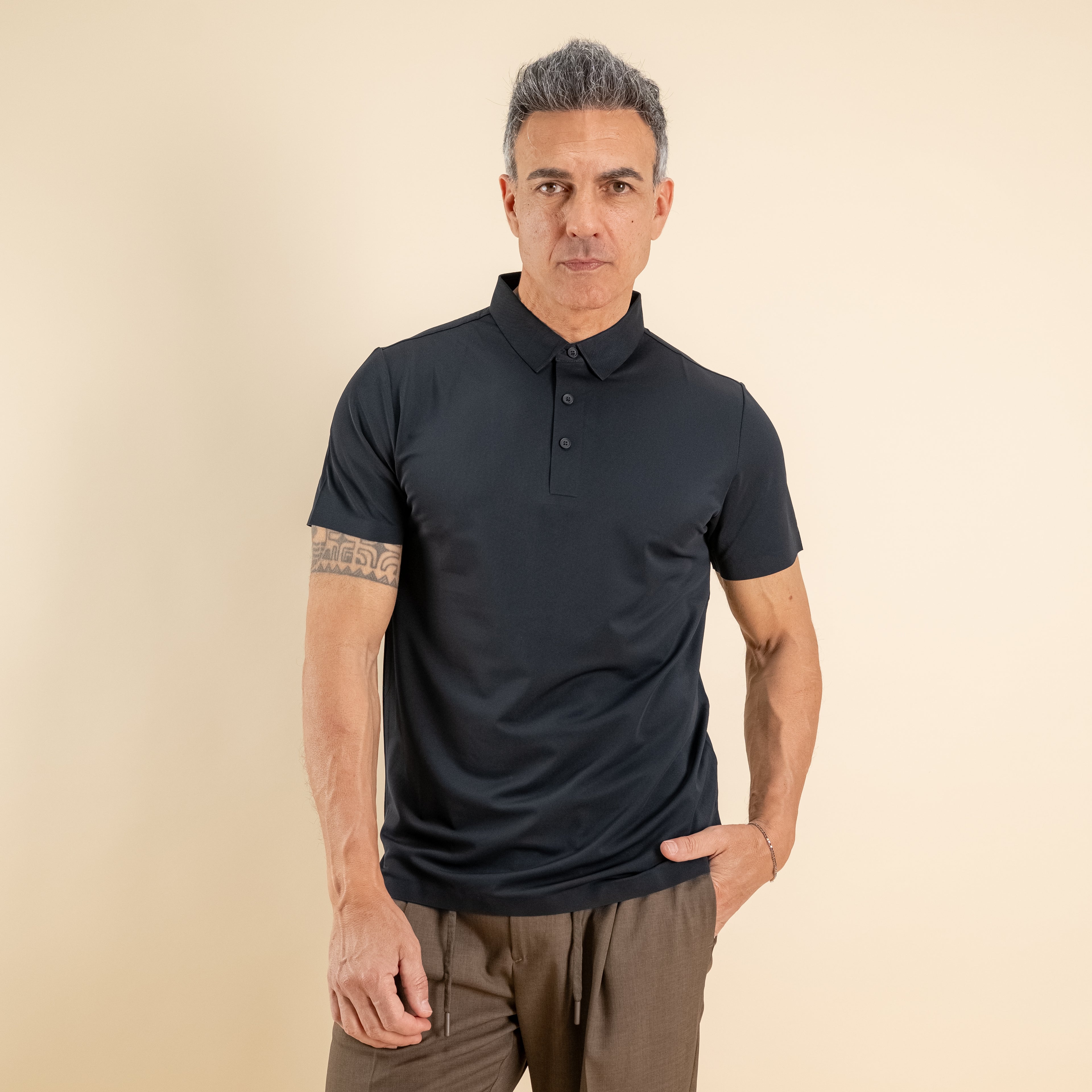 Polo effetto seta manica termosaldata - Nero