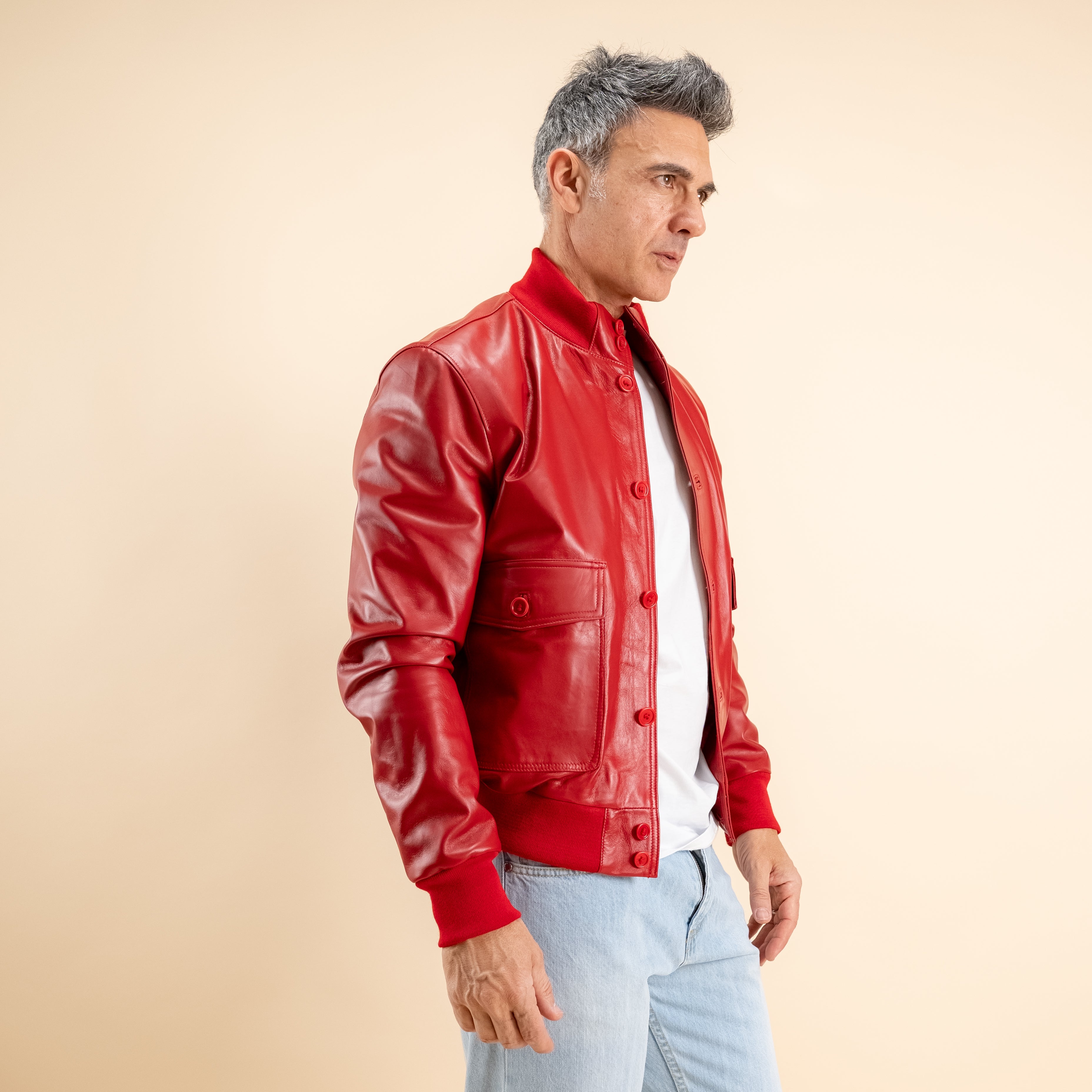 Bomber con bottoni in Vera Pelle - Rosso