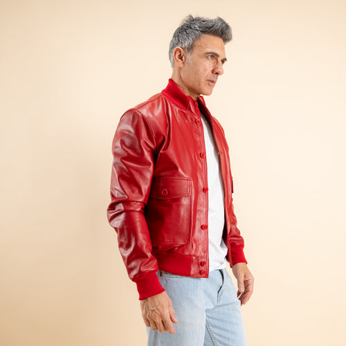Bomber con bottoni in Vera Pelle - Rosso