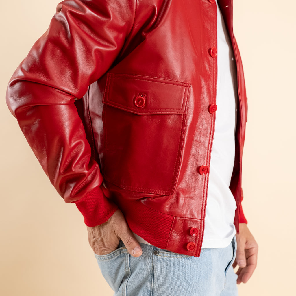 Bomber con bottoni in Vera Pelle - Rosso