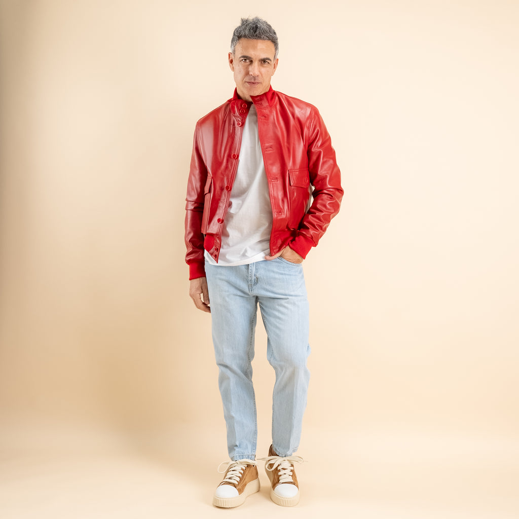 Bomber con bottoni in Vera Pelle - Rosso