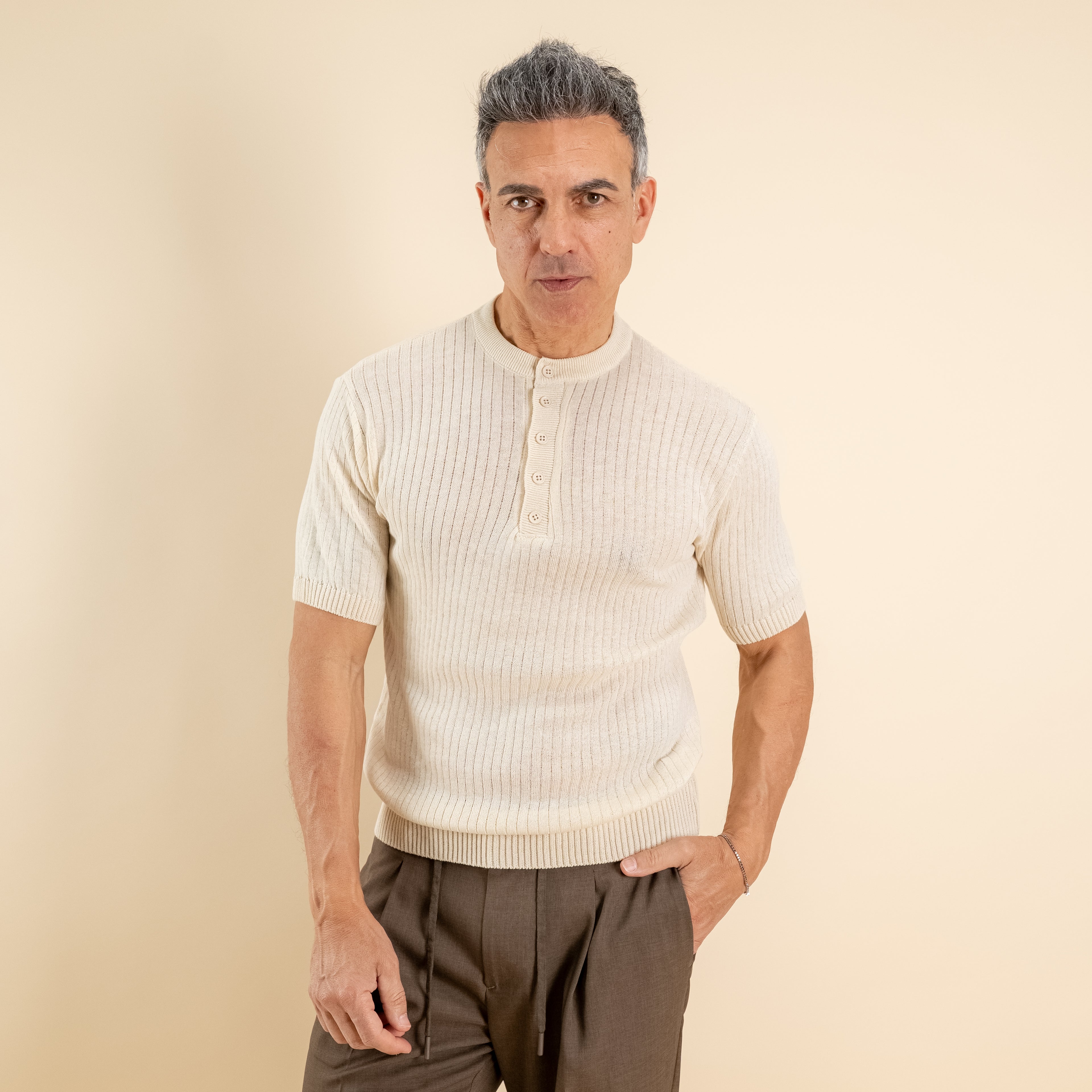 T-shirt serafino traforata - Beige