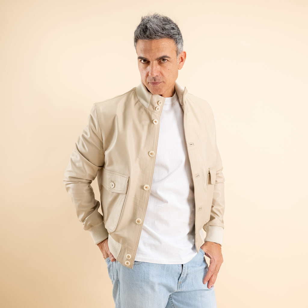 Bomber con bottoni in Vera Pelle -  Avorio