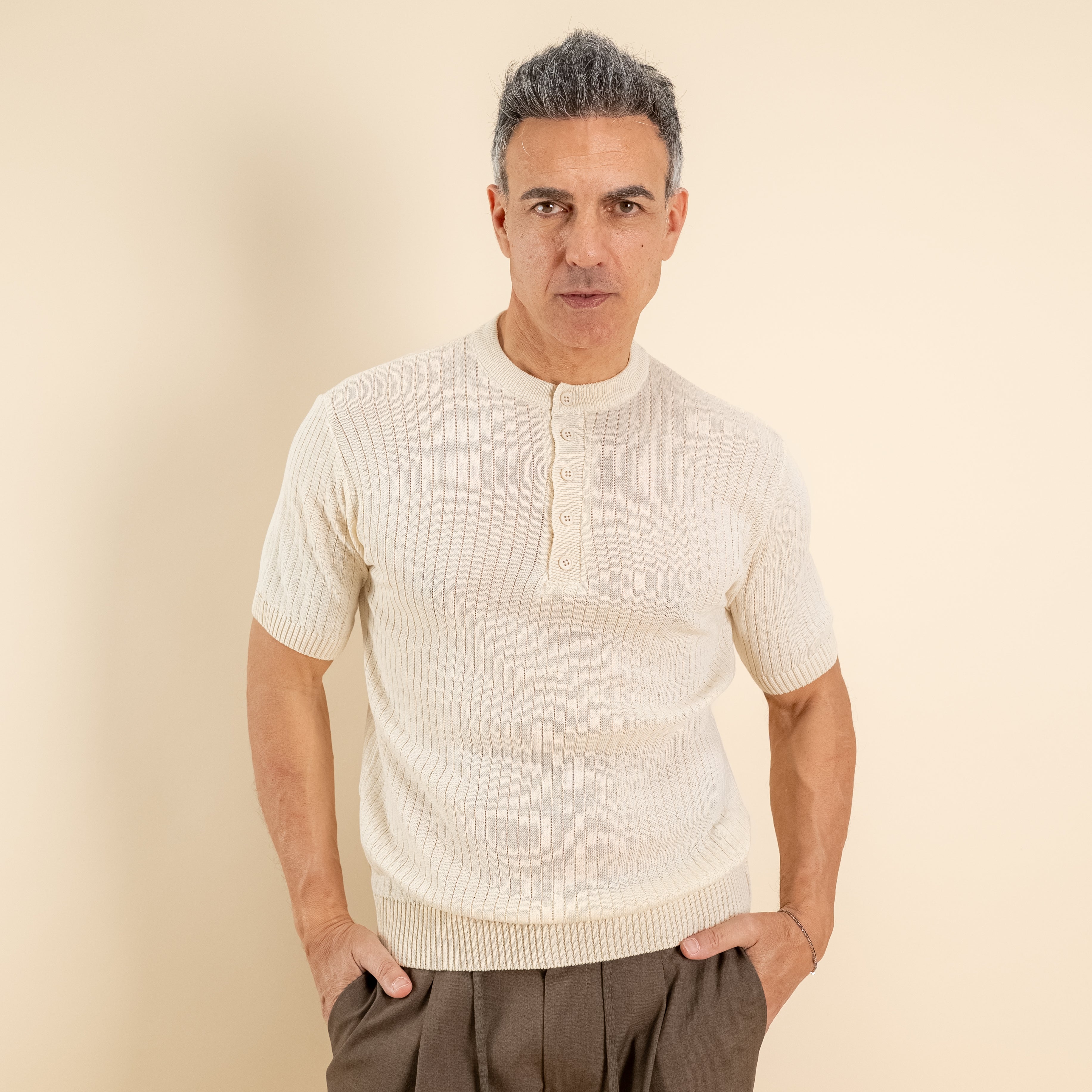 T-shirt serafino traforata - Beige