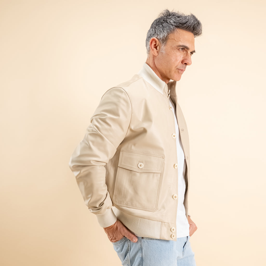 Bomber con bottoni in Vera Pelle -  Avorio