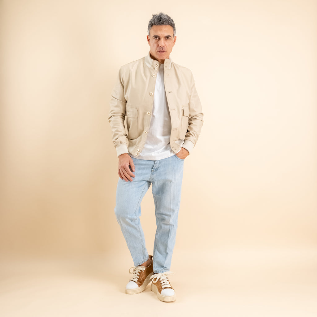 Bomber con bottoni in Vera Pelle -  Avorio