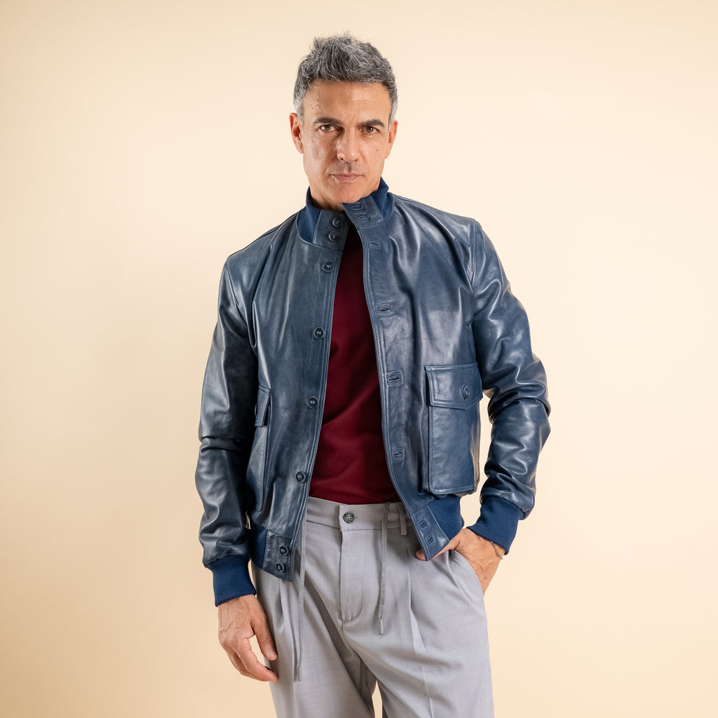 Bomber con bottoni in Vera Pelle -  Blu washed leather