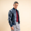 Bomber con bottoni in Vera Pelle -  Blu washed leather