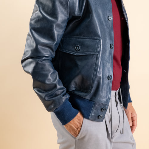 Bomber con bottoni in Vera Pelle -  Blu washed leather