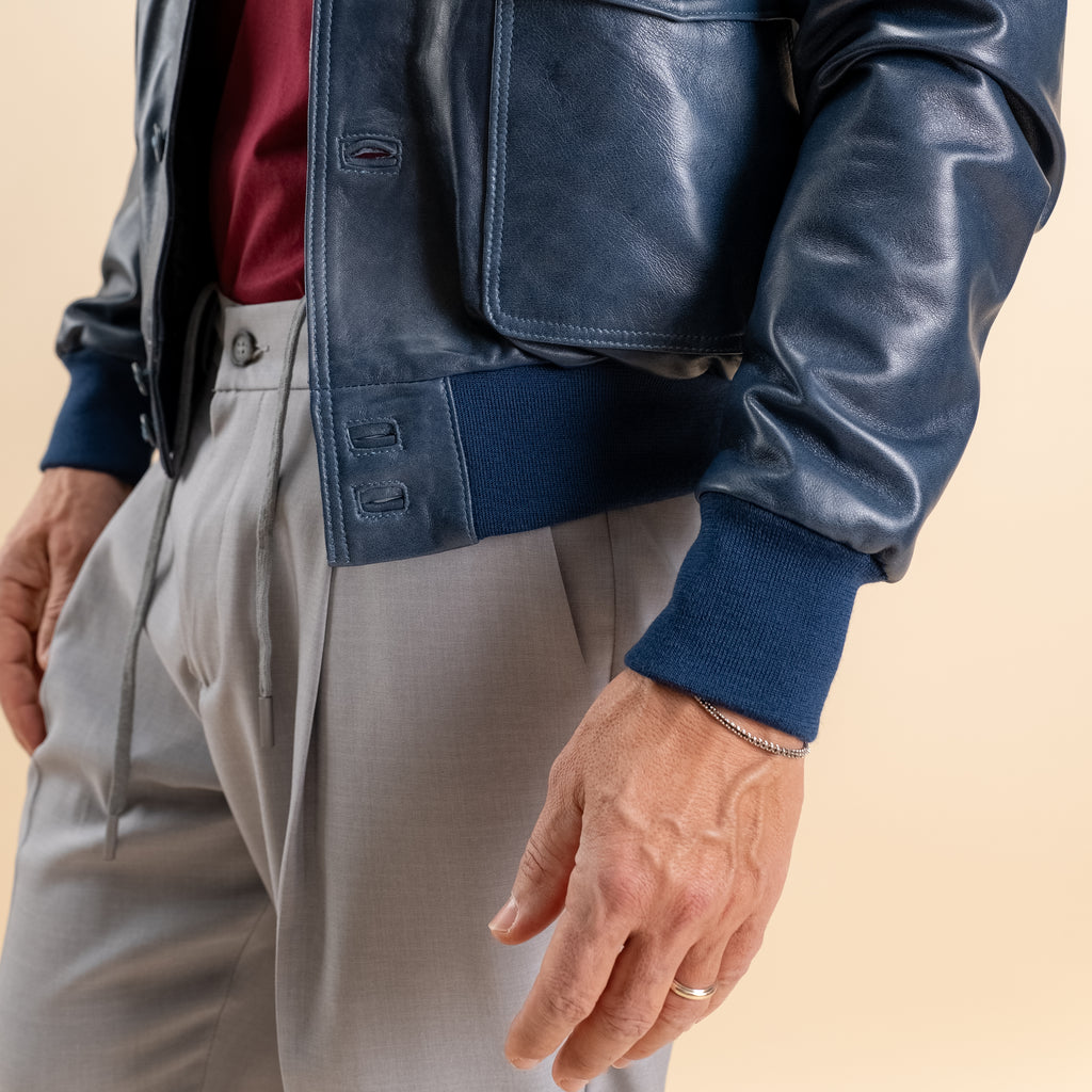 Bomber con bottoni in Vera Pelle -  Blu washed leather