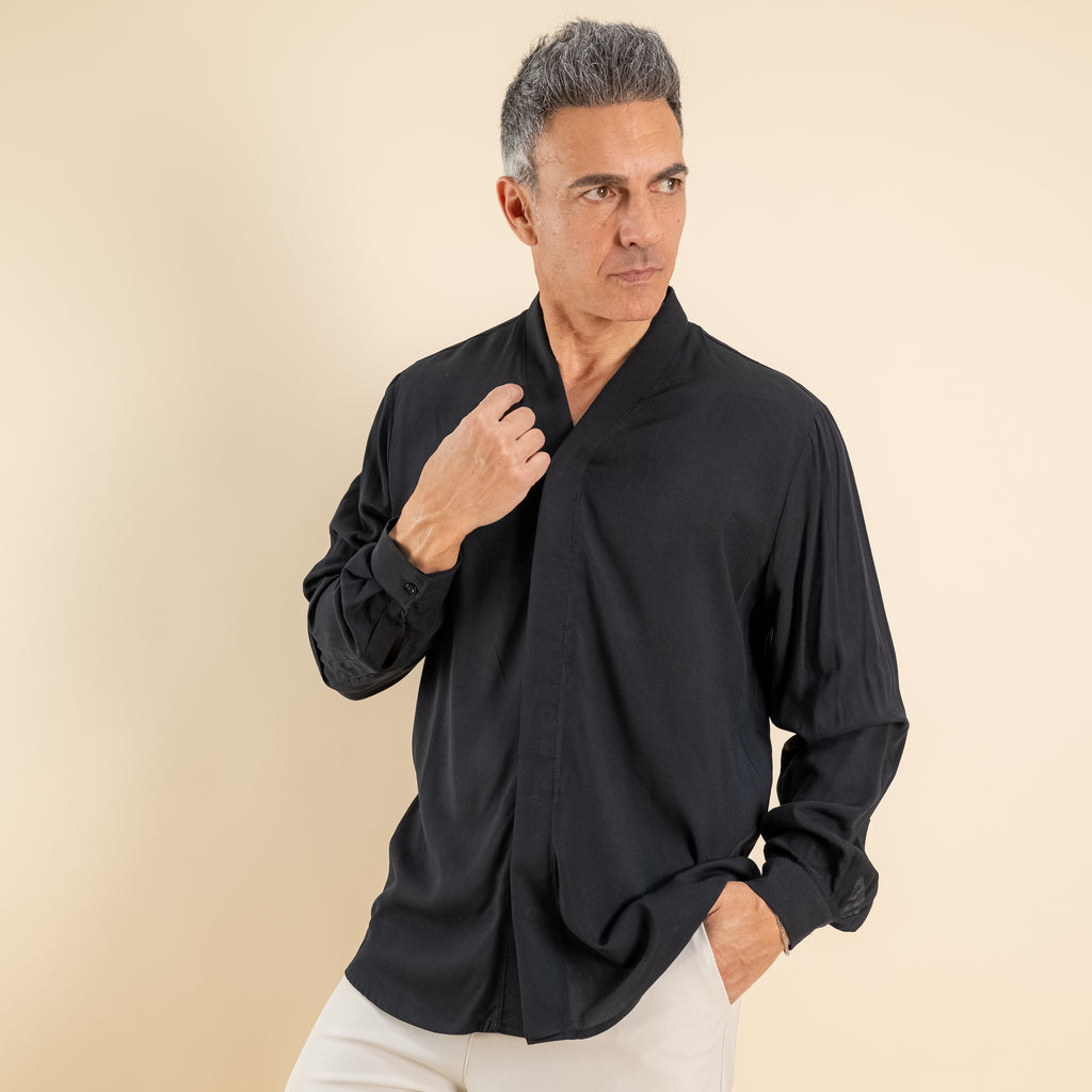 Camicia in viscosa scollo a V - Nero