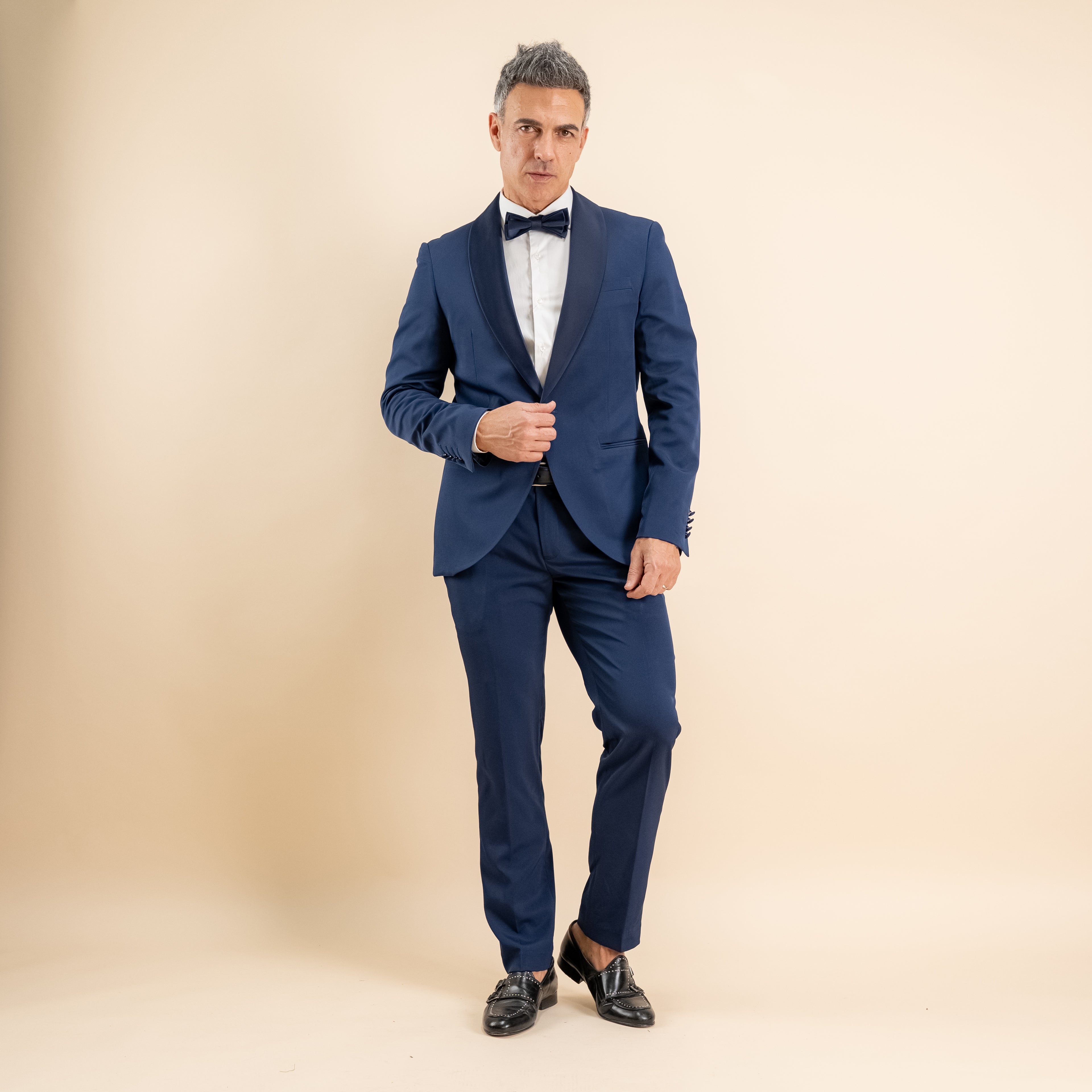 Smoking con rever sciallato effetto raso - Blu