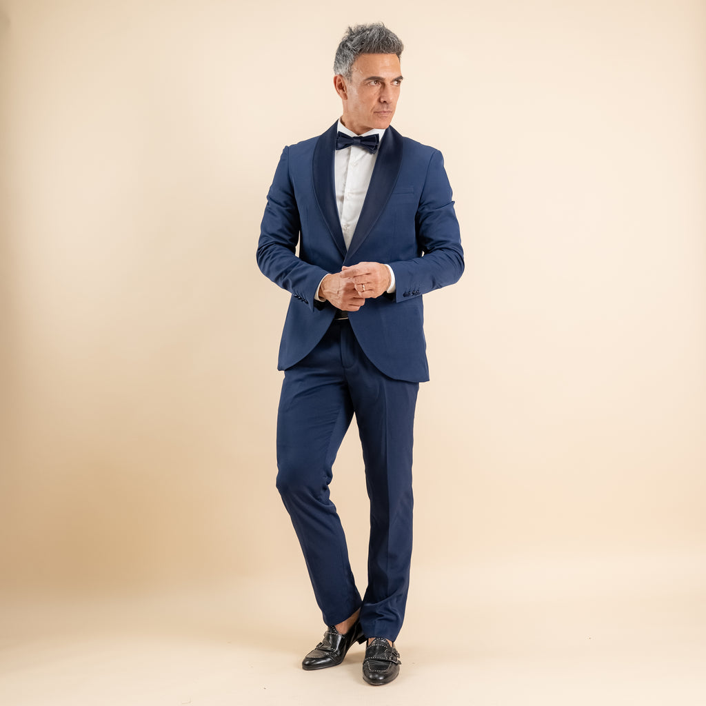 Smoking con rever sciallato effetto raso - Blu