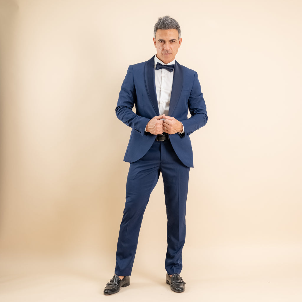 Smoking con rever sciallato effetto raso - Blu