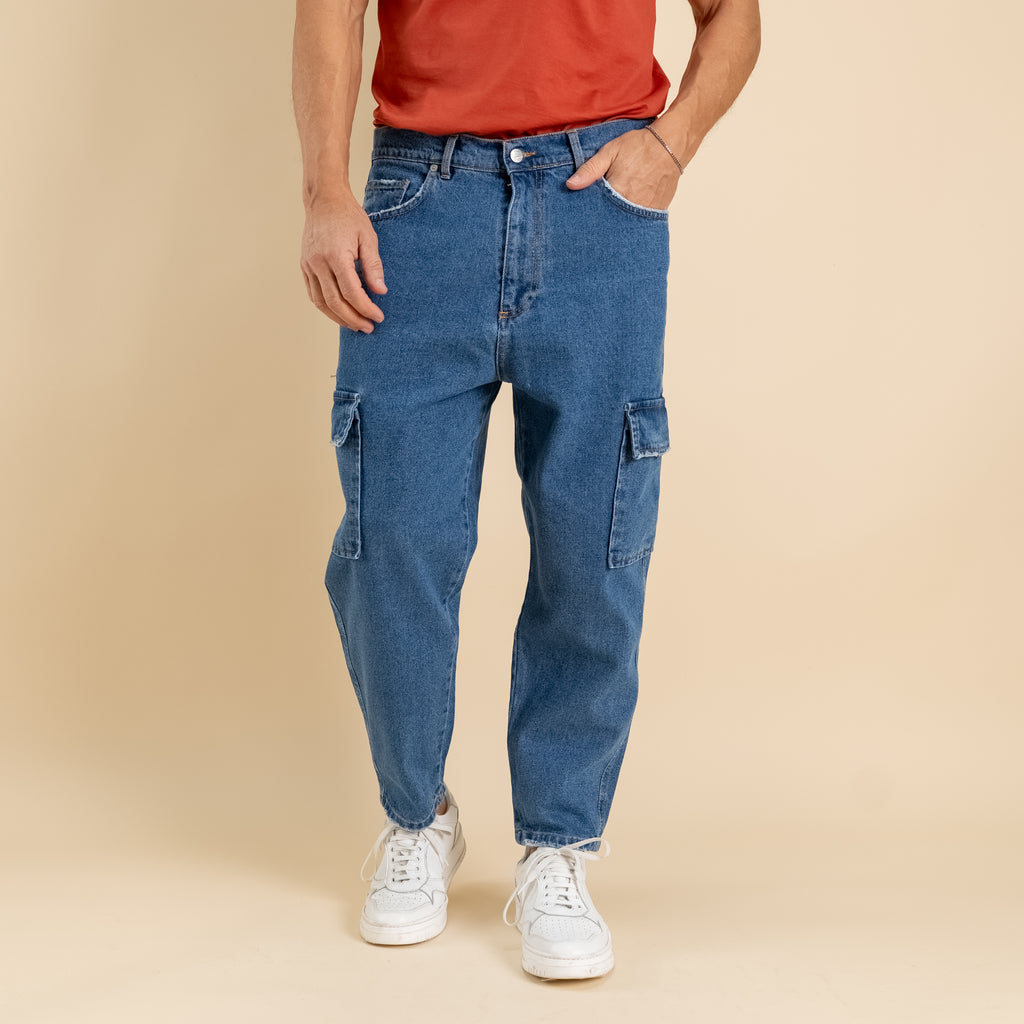 Jeans cargo con tasconi laterali - Denim