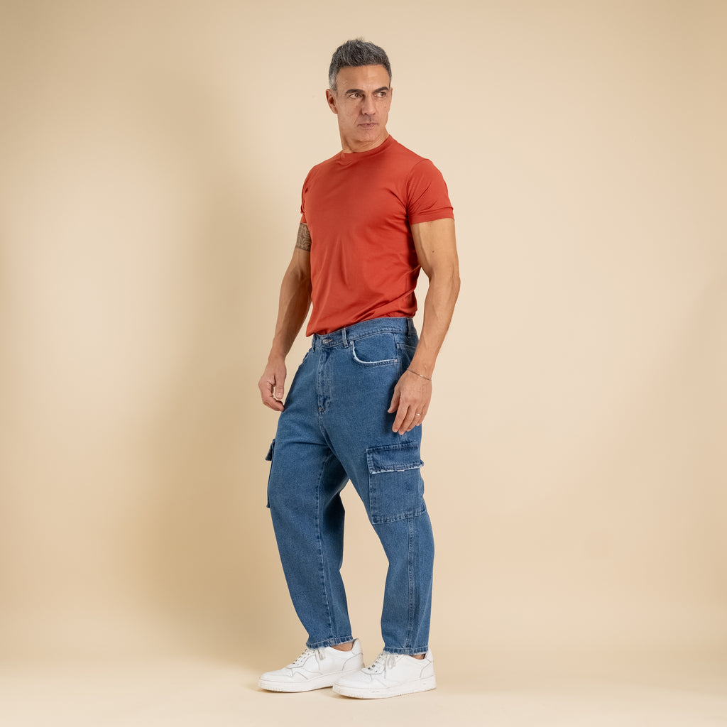 Jeans cargo con tasconi laterali - Denim