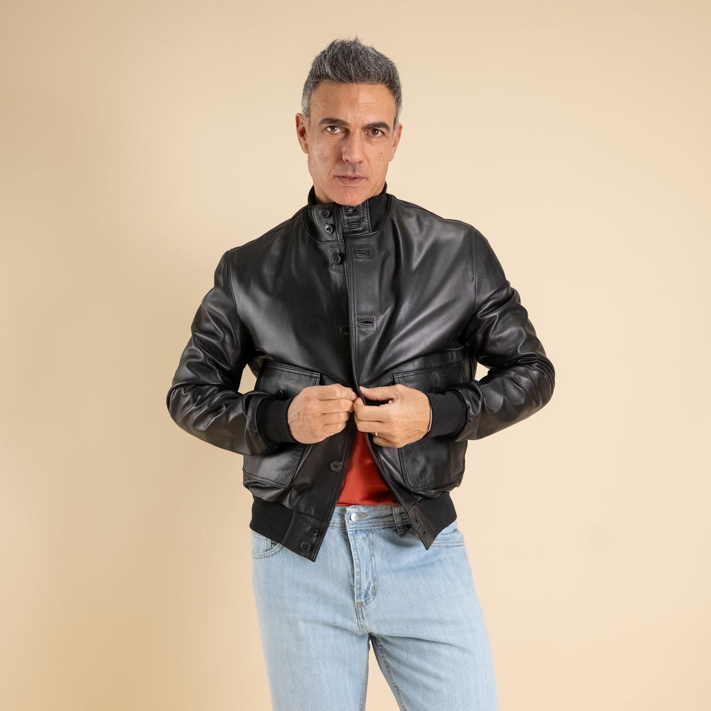 Genuine Leather Button Bomber Jacket - Black