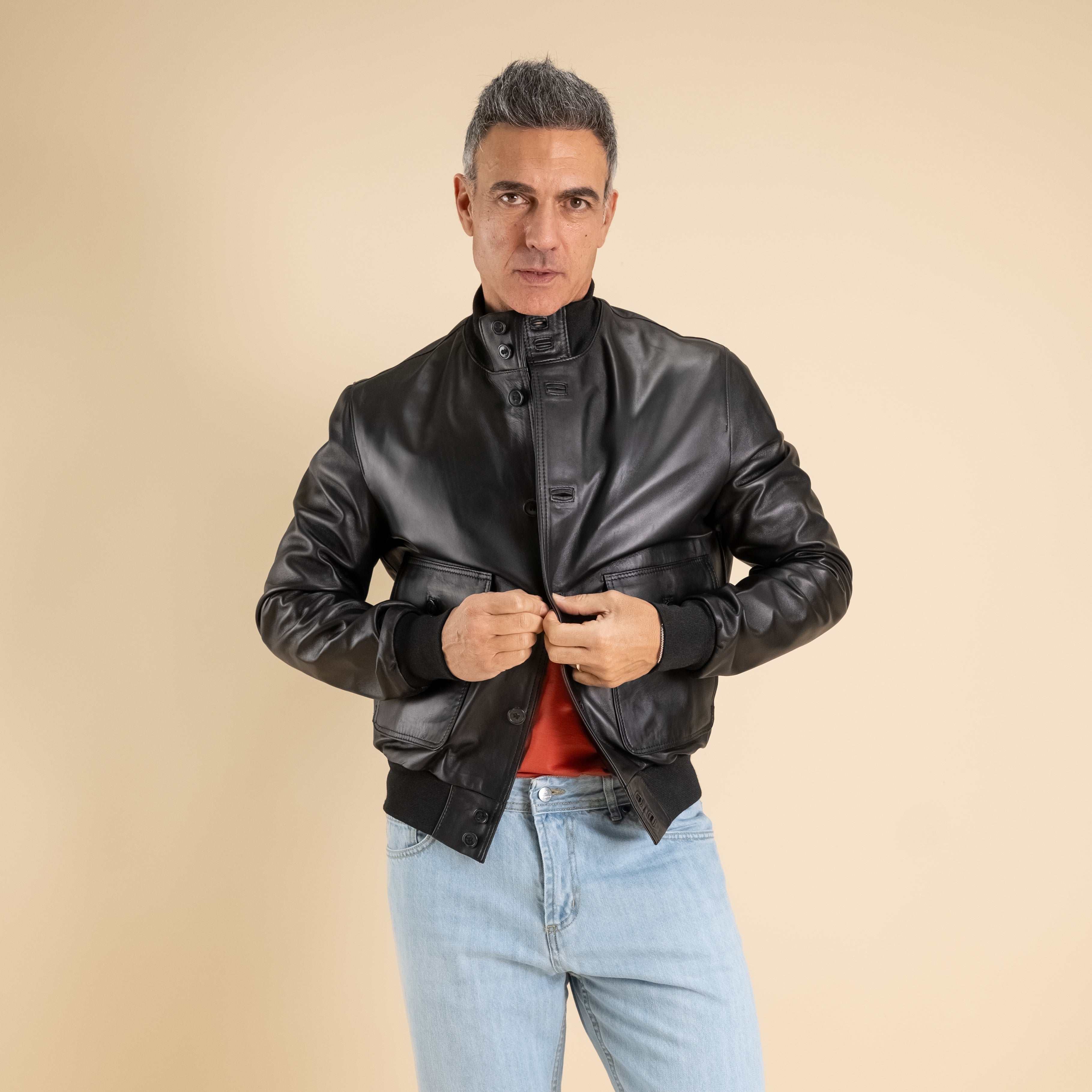 Genuine Leather Button Bomber Jacket - Black