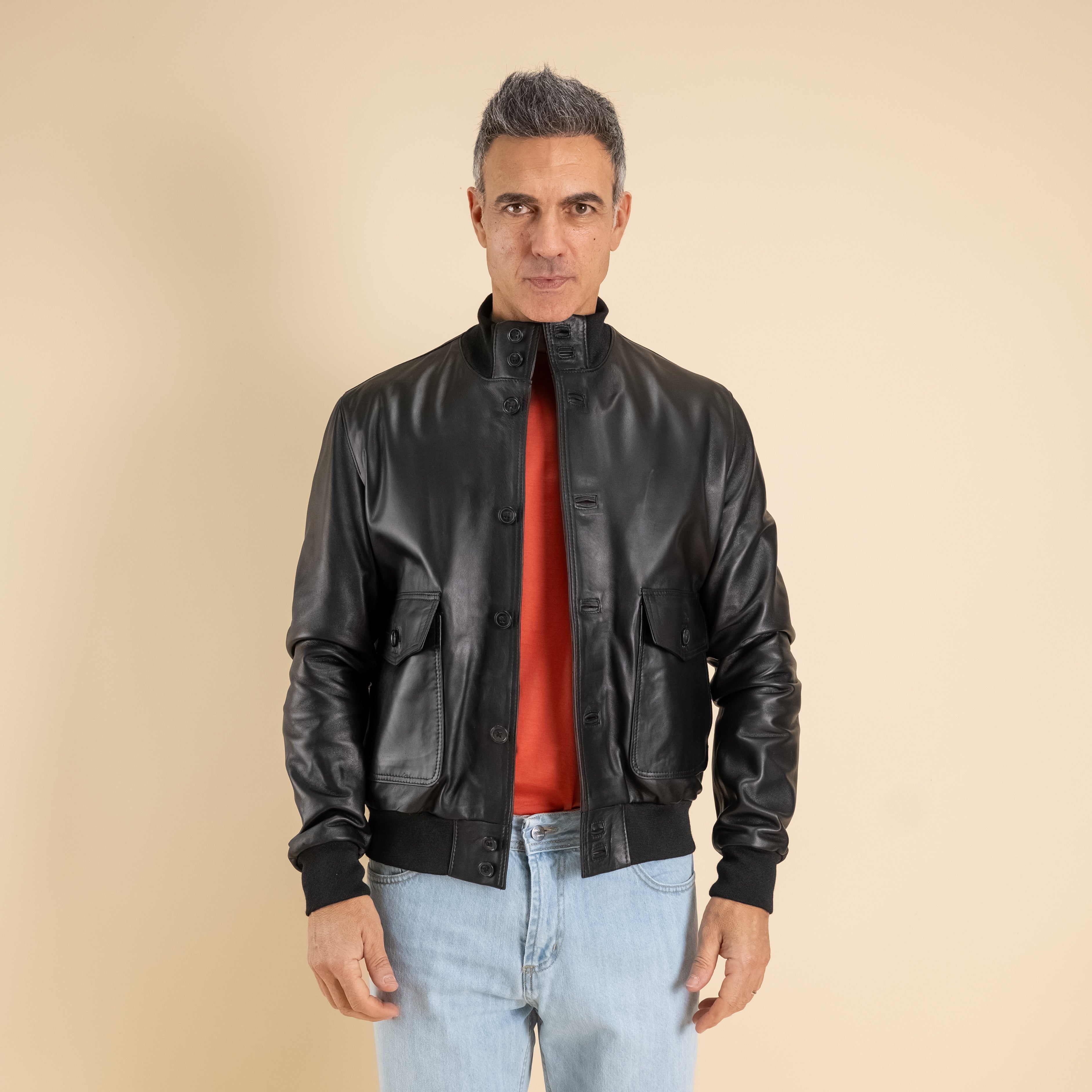 Genuine Leather Button Bomber Jacket - Black