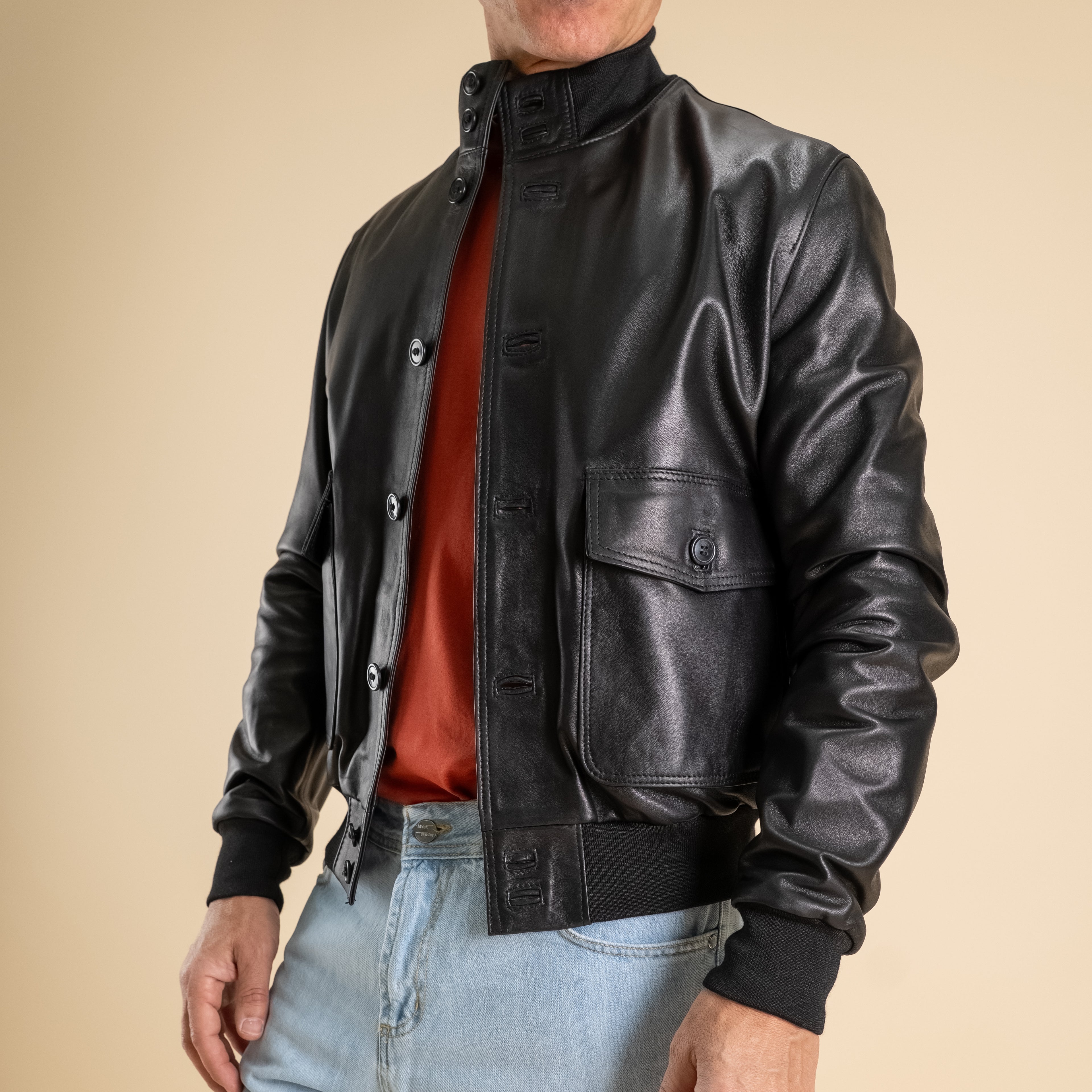 Bomber con bottoni in Vera Pelle - Nero