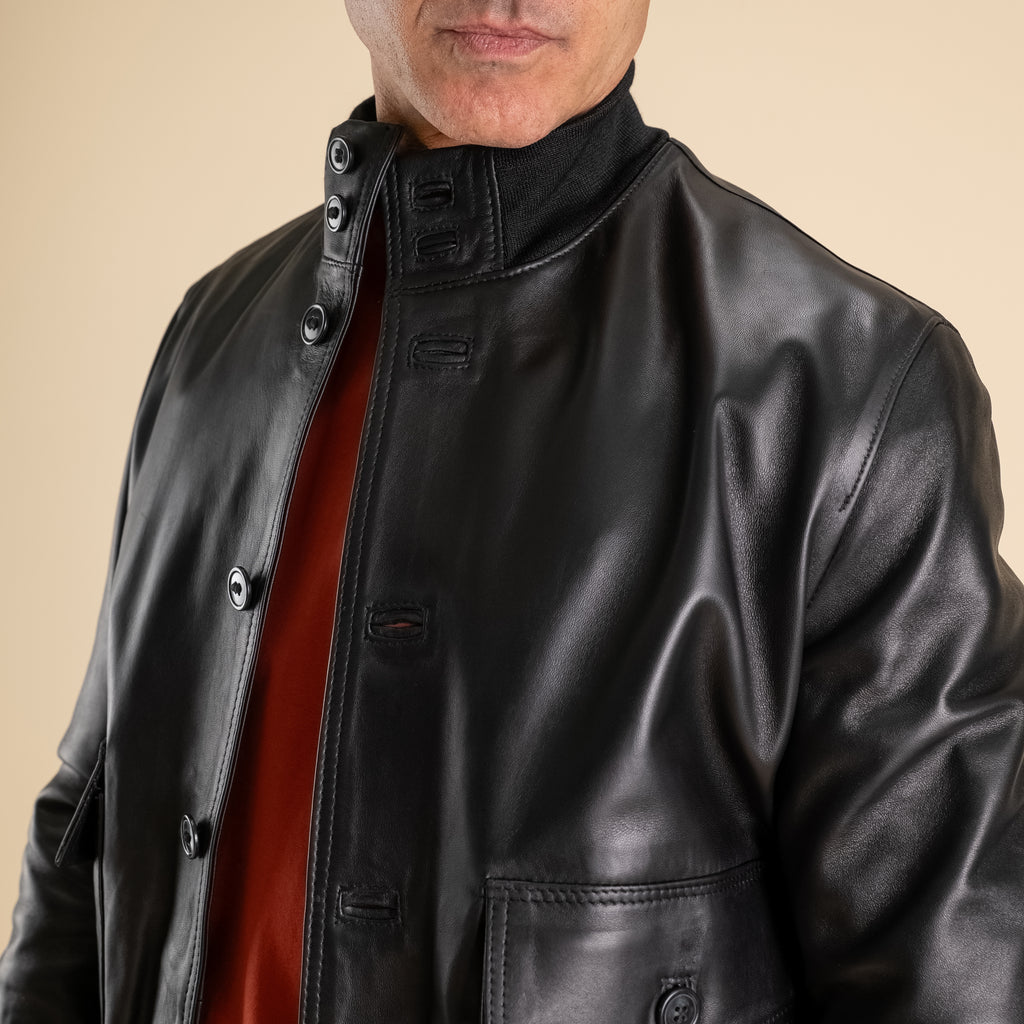 Genuine Leather Button Bomber Jacket - Black