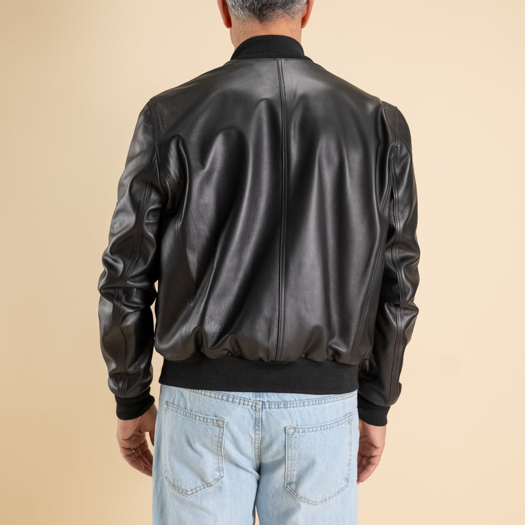 Genuine Leather Button Bomber Jacket - Black