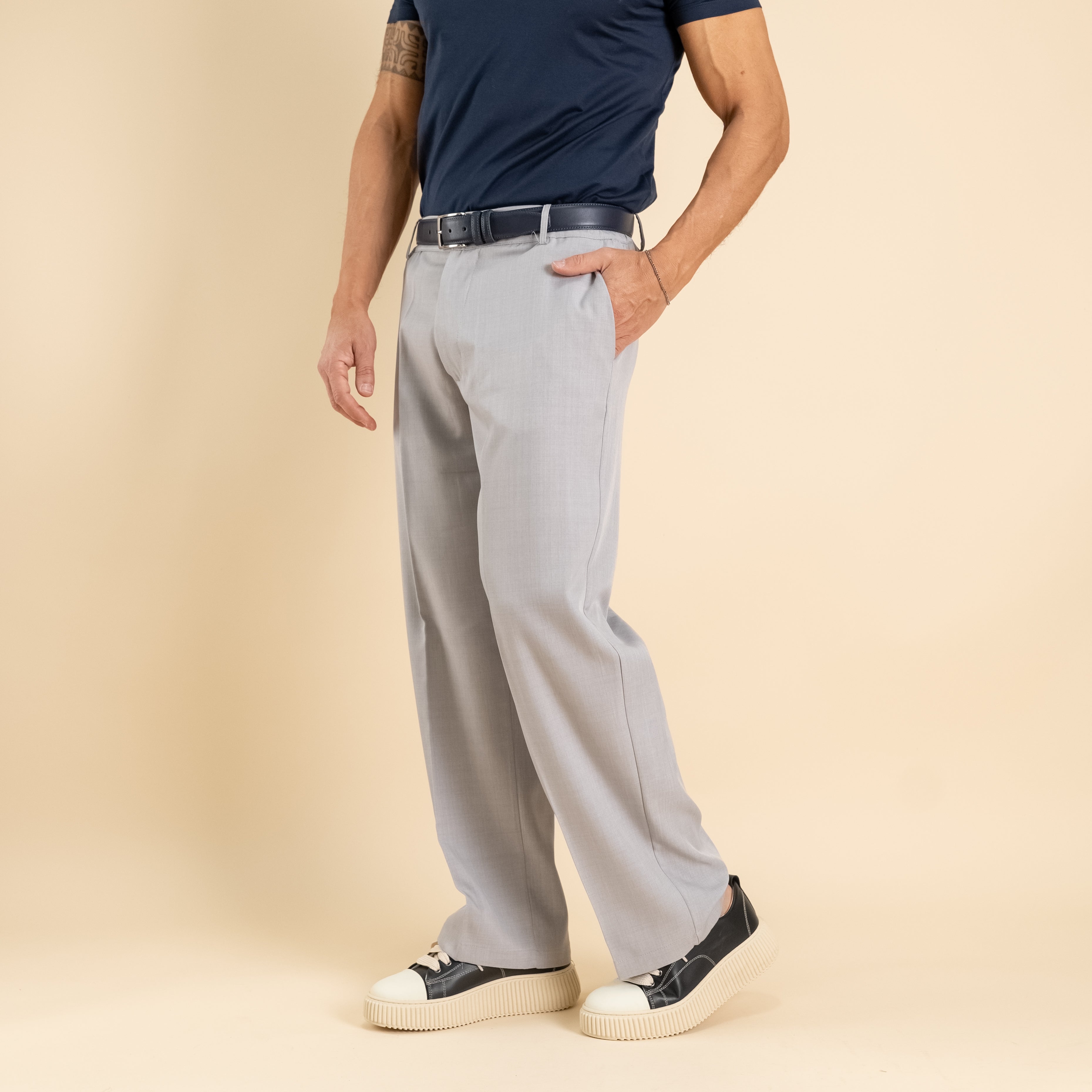 Pantalone palazzo taglio dritto con molla sul retro - Grigio