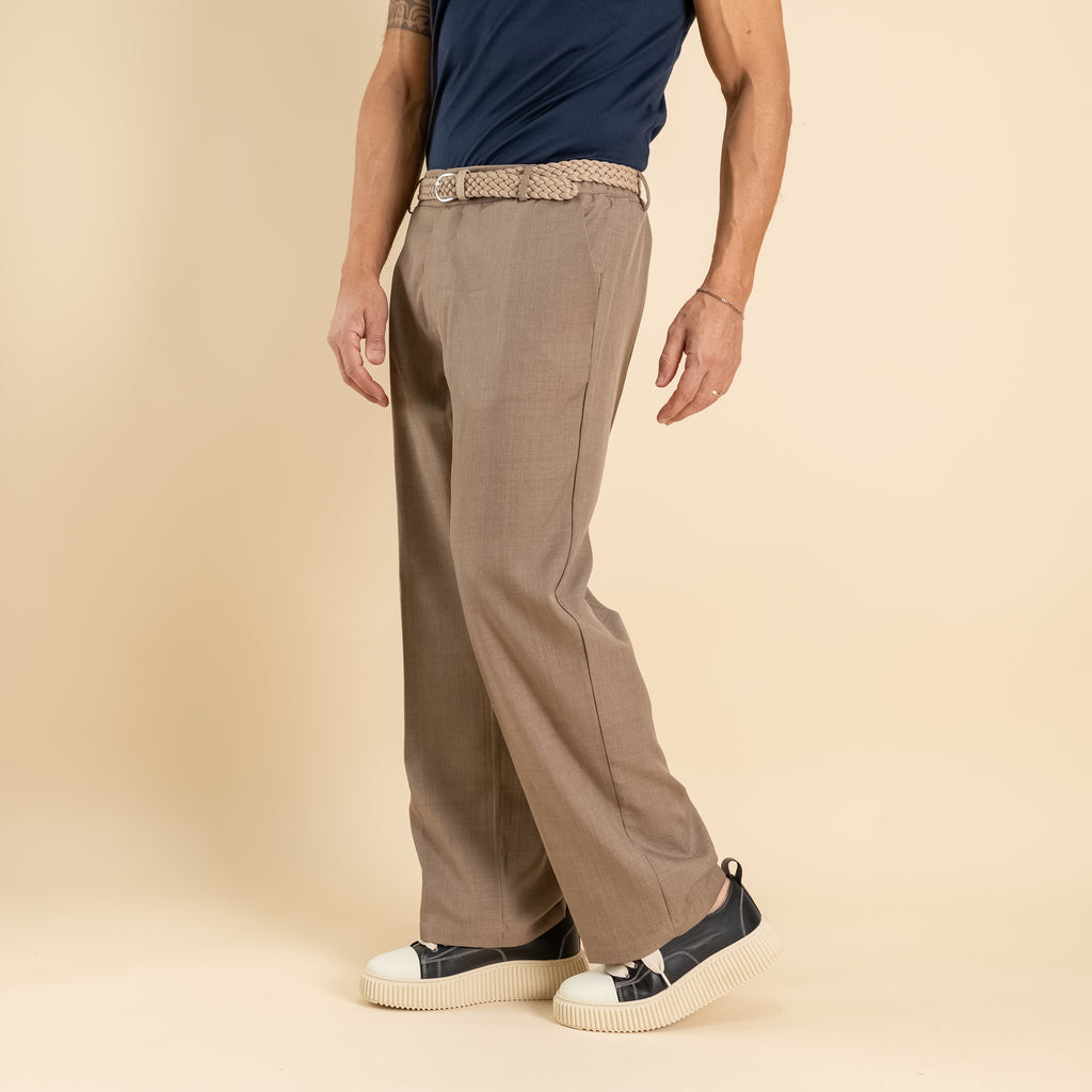 Pantalone palazzo taglio dritto con molla sul retro - Fango