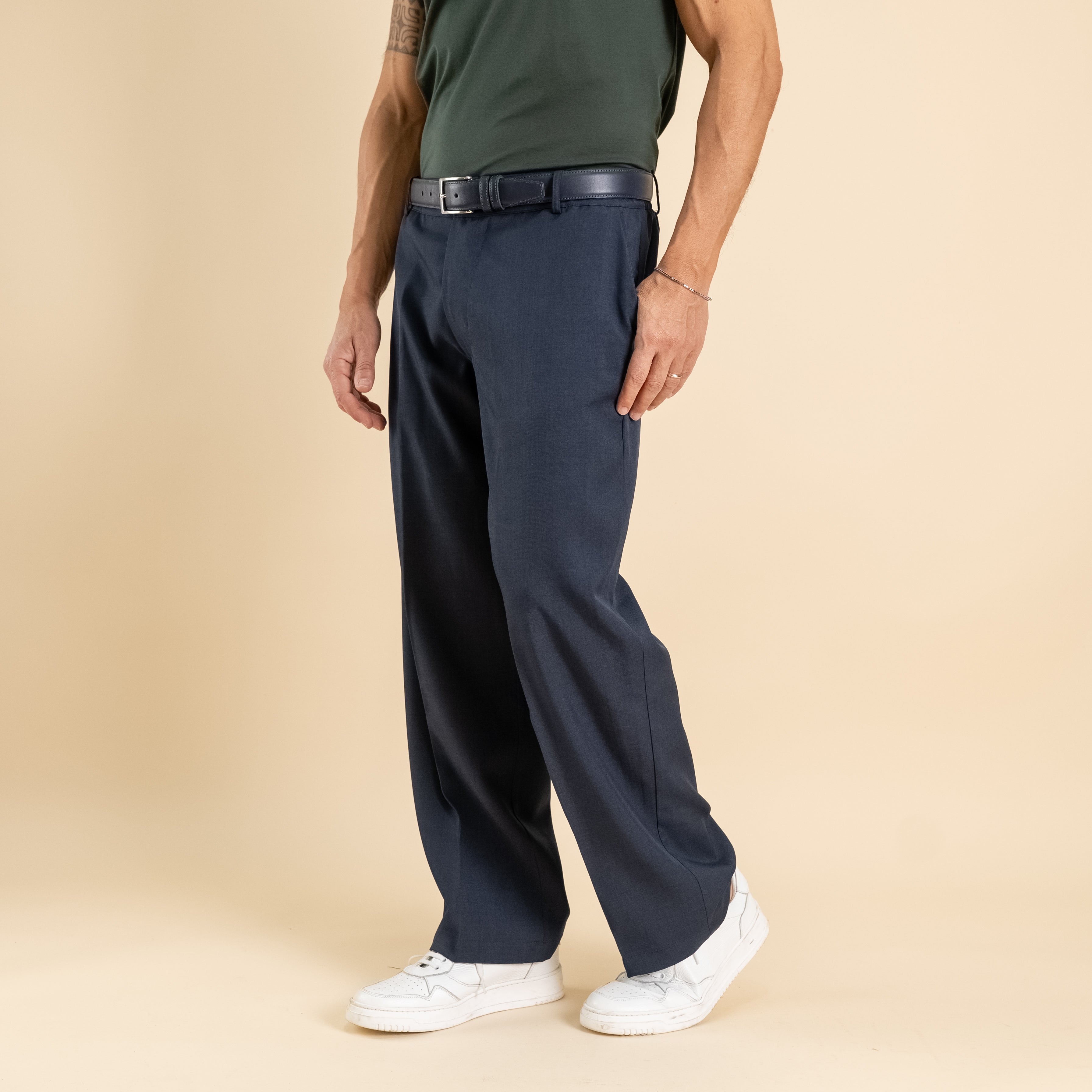 Pantalone palazzo taglio dritto con molla sul retro - Blu