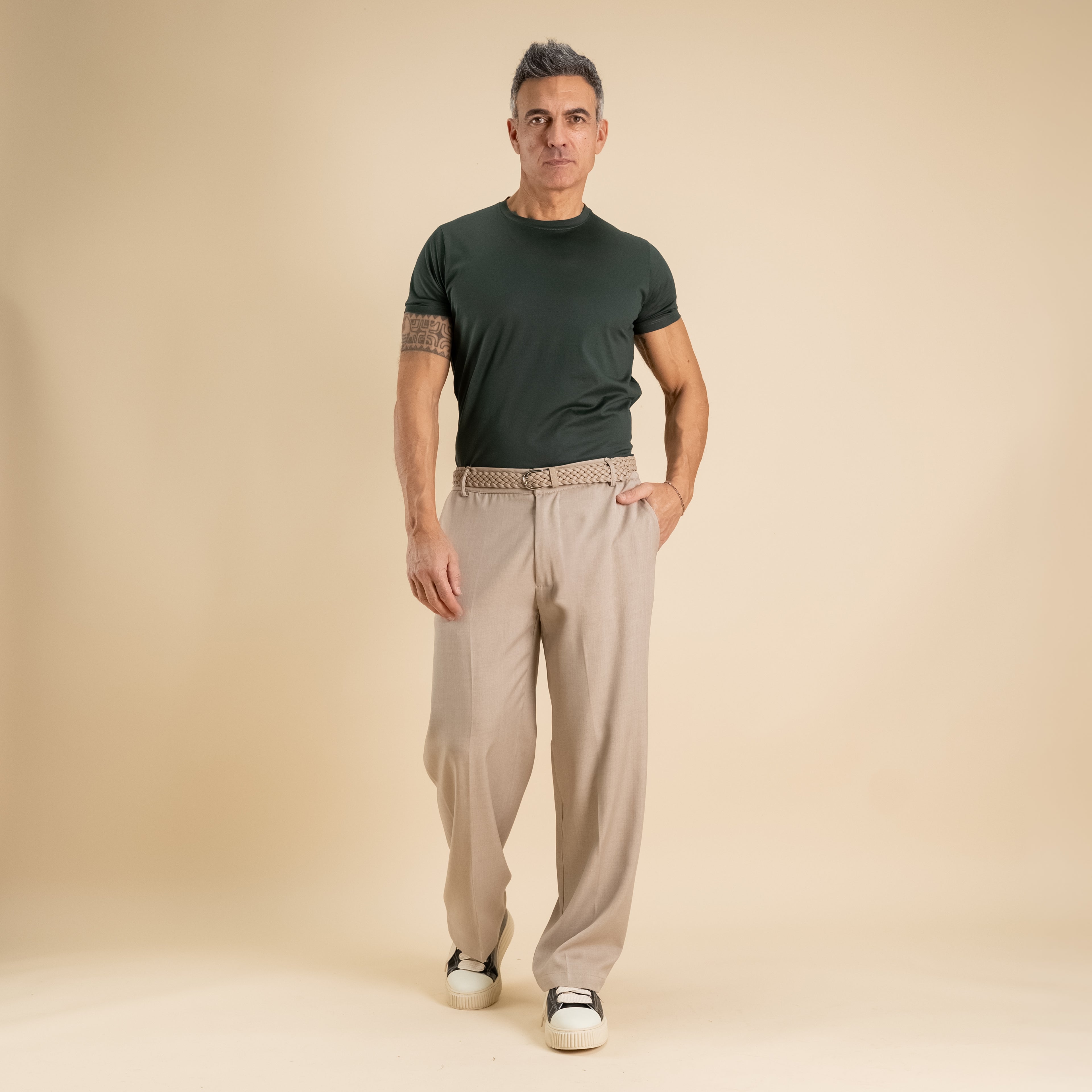 Pantalone palazzo taglio dritto con molla sul retro - Beige