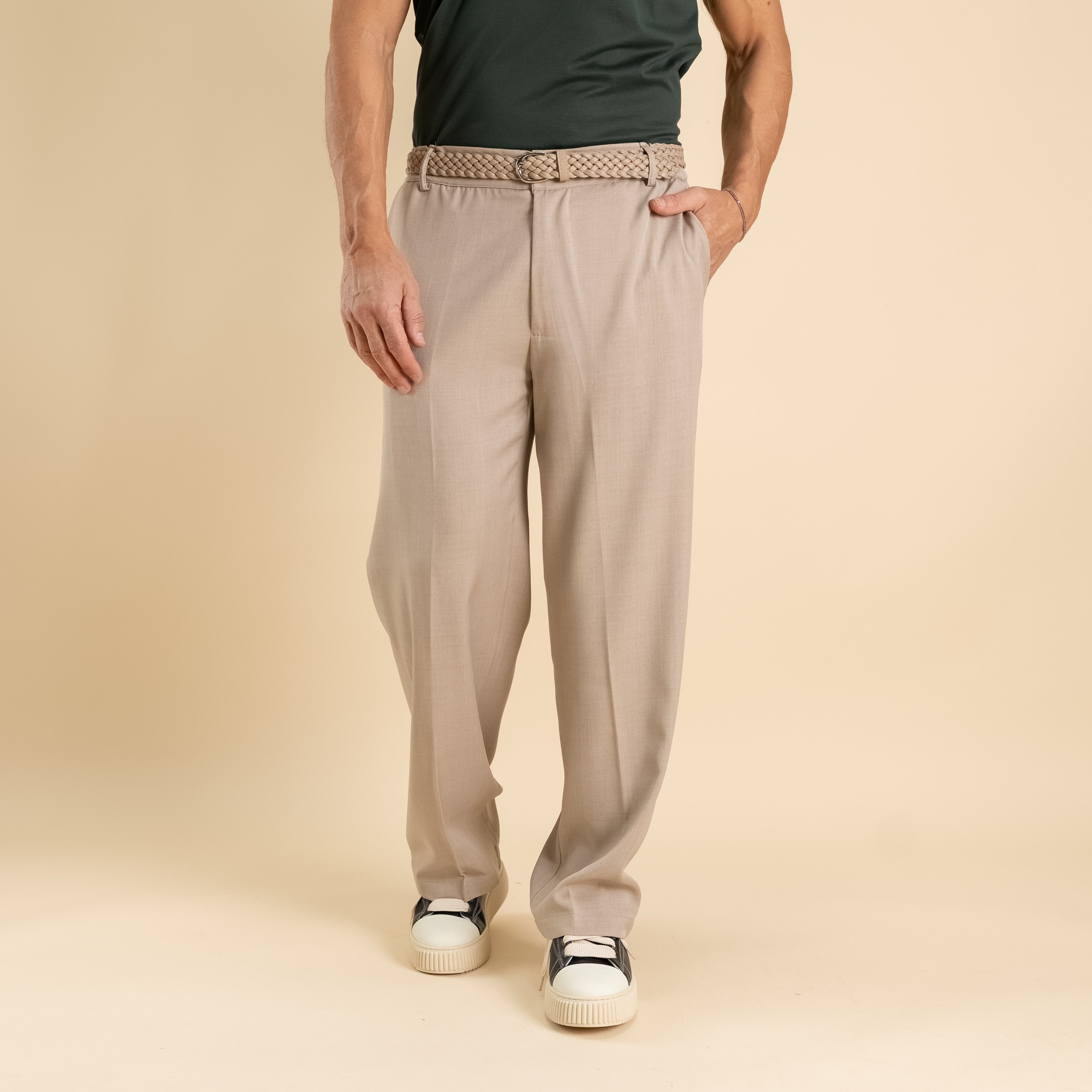 Pantalone palazzo taglio dritto con molla sul retro - Beige