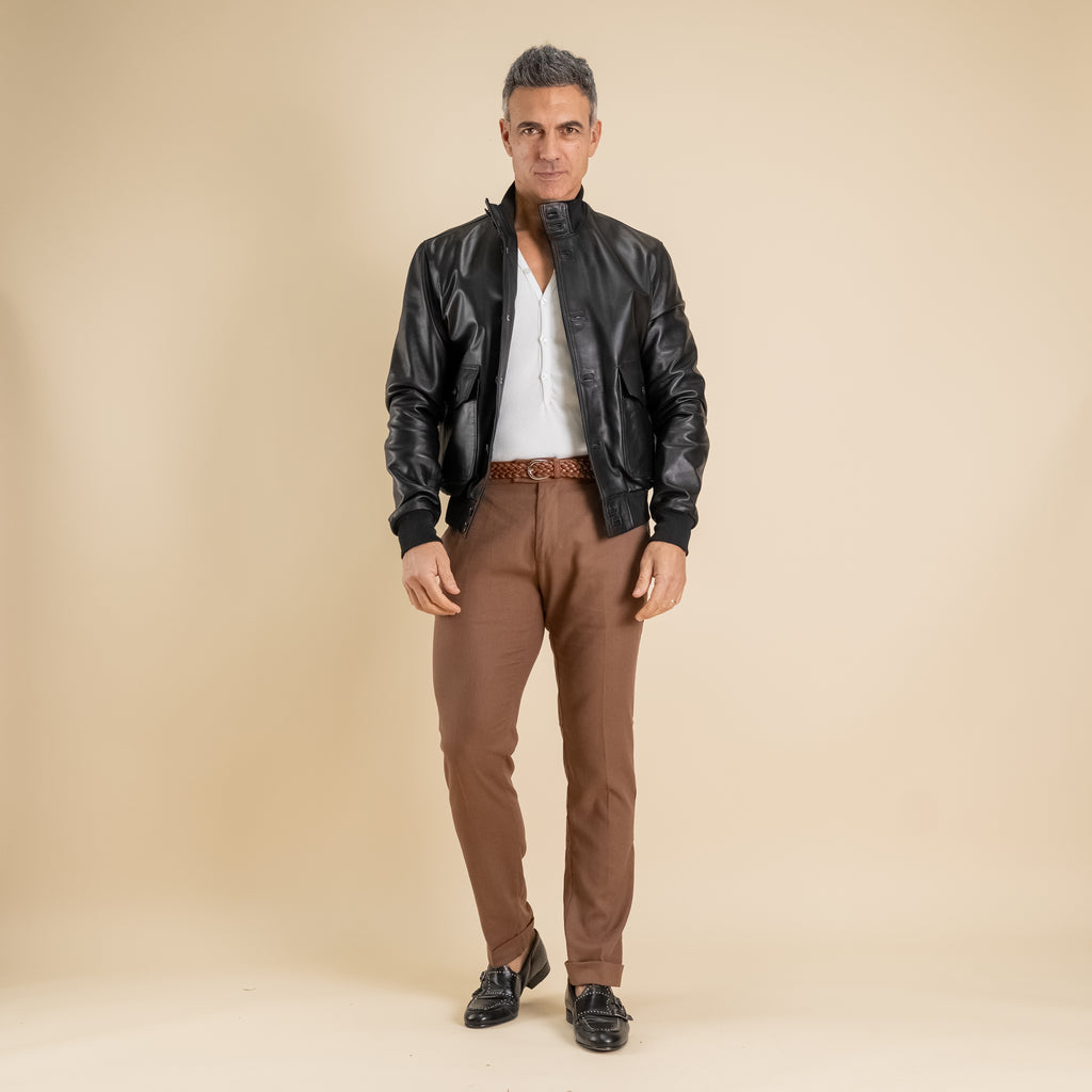 Genuine Leather Button Bomber Jacket - Black